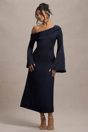 Astral | Navy Satin Asymmetric Flared-Sleeve Midi Dress Club L London