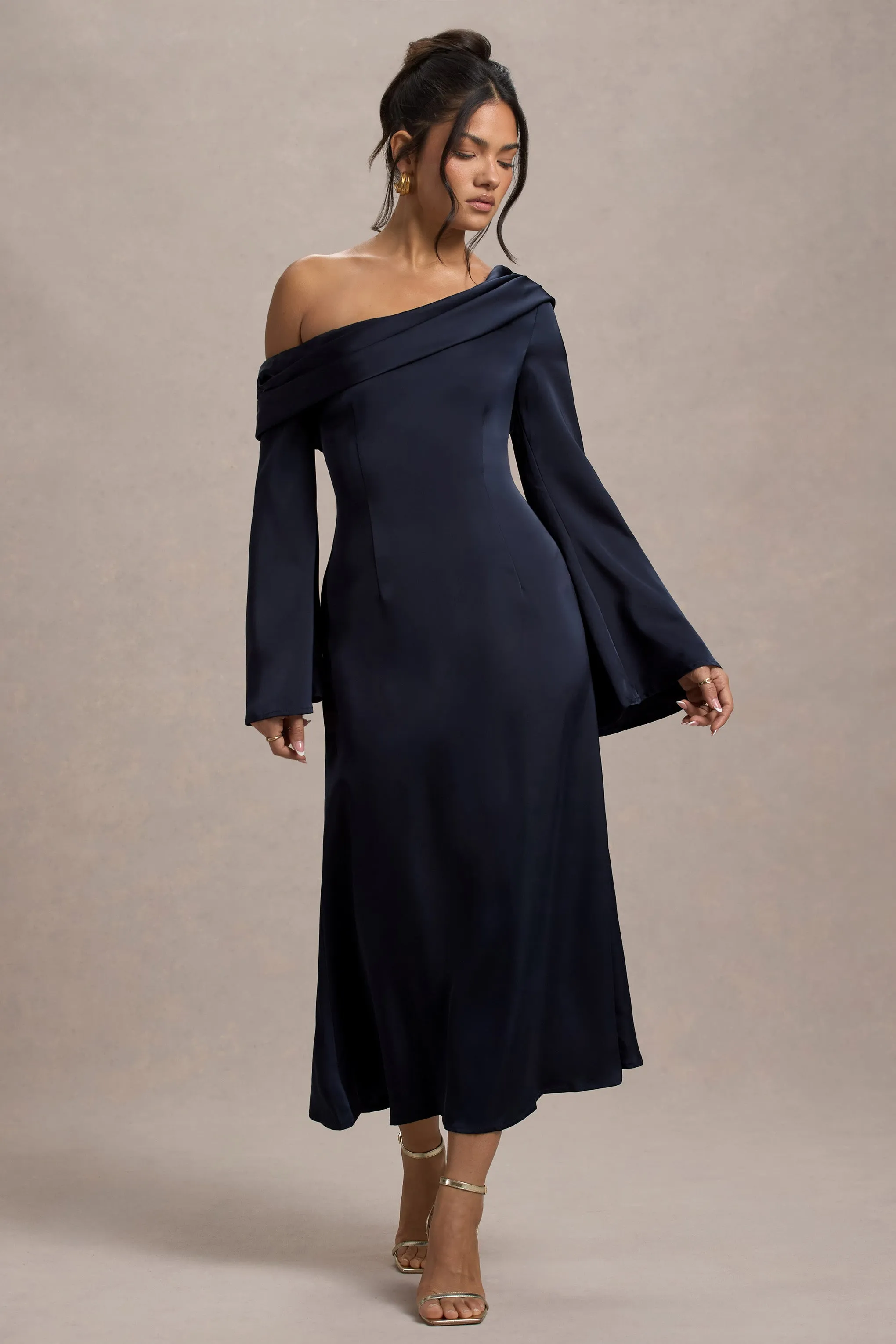 Astral | Navy Satin Asymmetric Flared-Sleeve Midi Dress Club L London