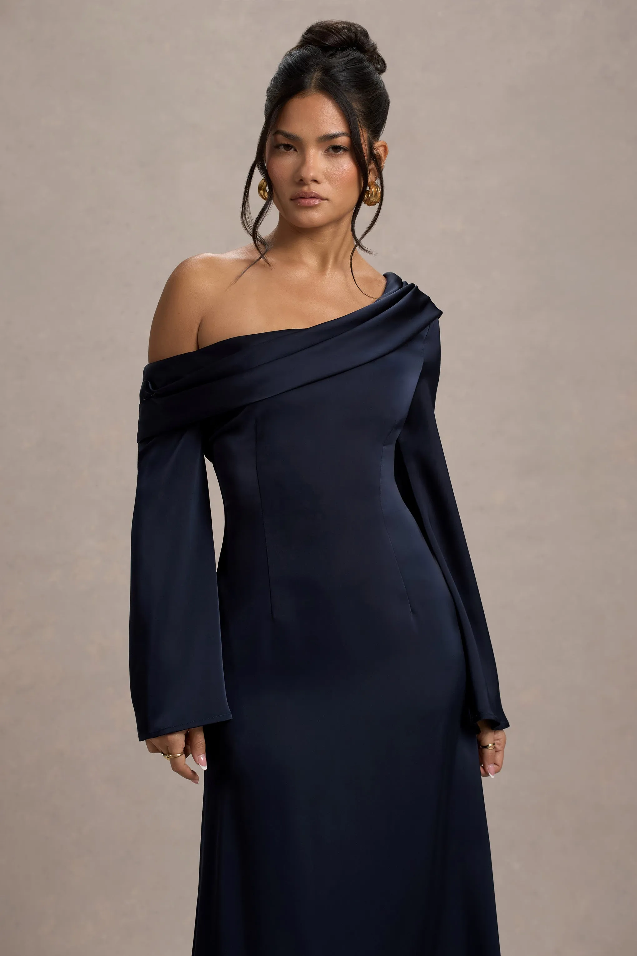 Astral | Navy Satin Asymmetric Flared-Sleeve Midi Dress Club L London