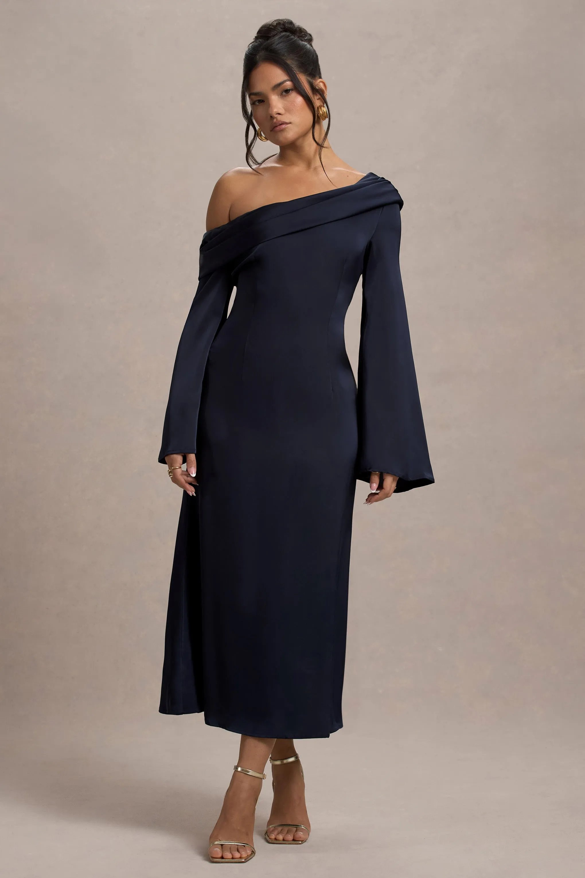 Astral | Navy Satin Asymmetric Flared-Sleeve Midi Dress Club L London