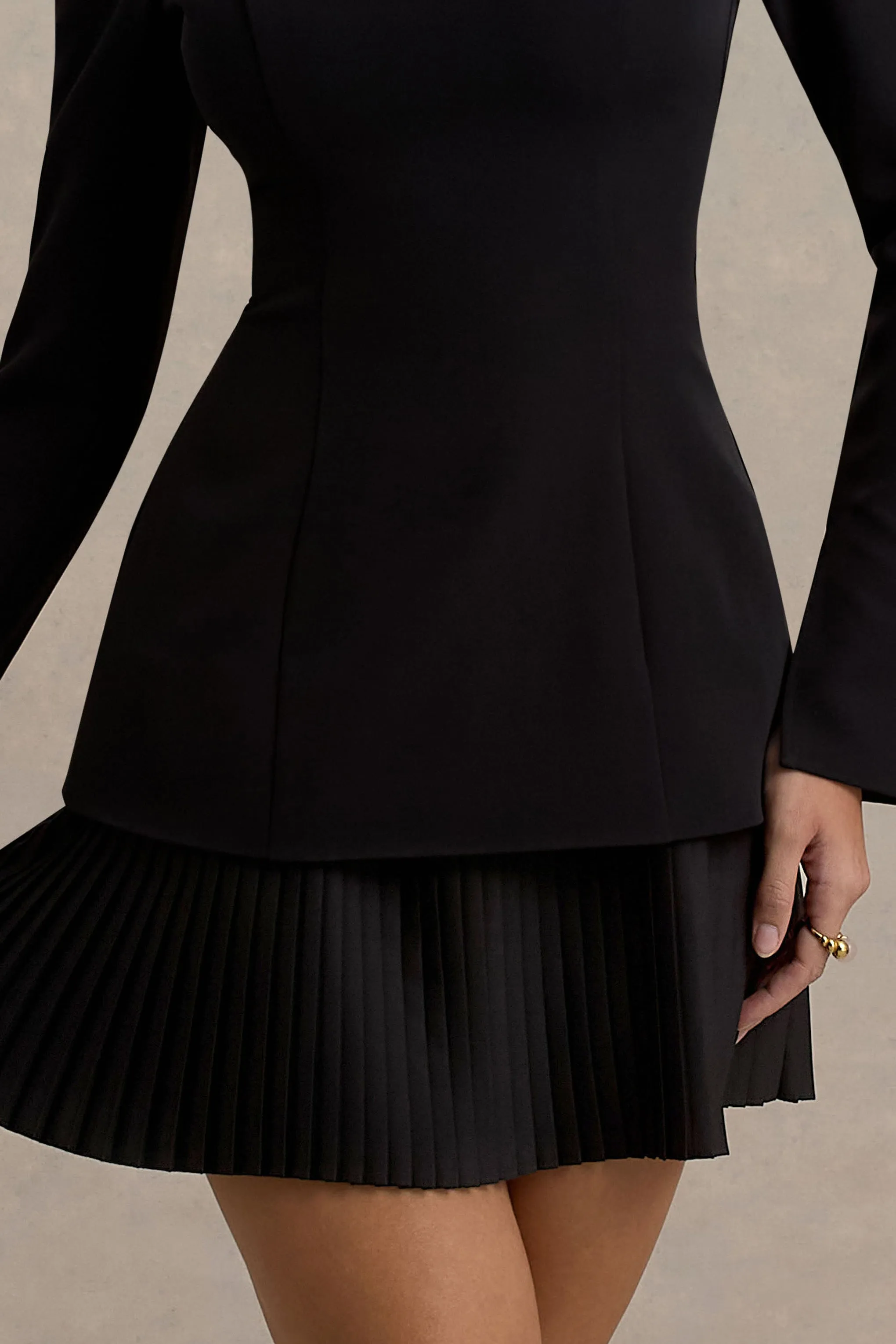 Athena | Black Long-Sleeve Mini Dress With Pleated Hem Club L London