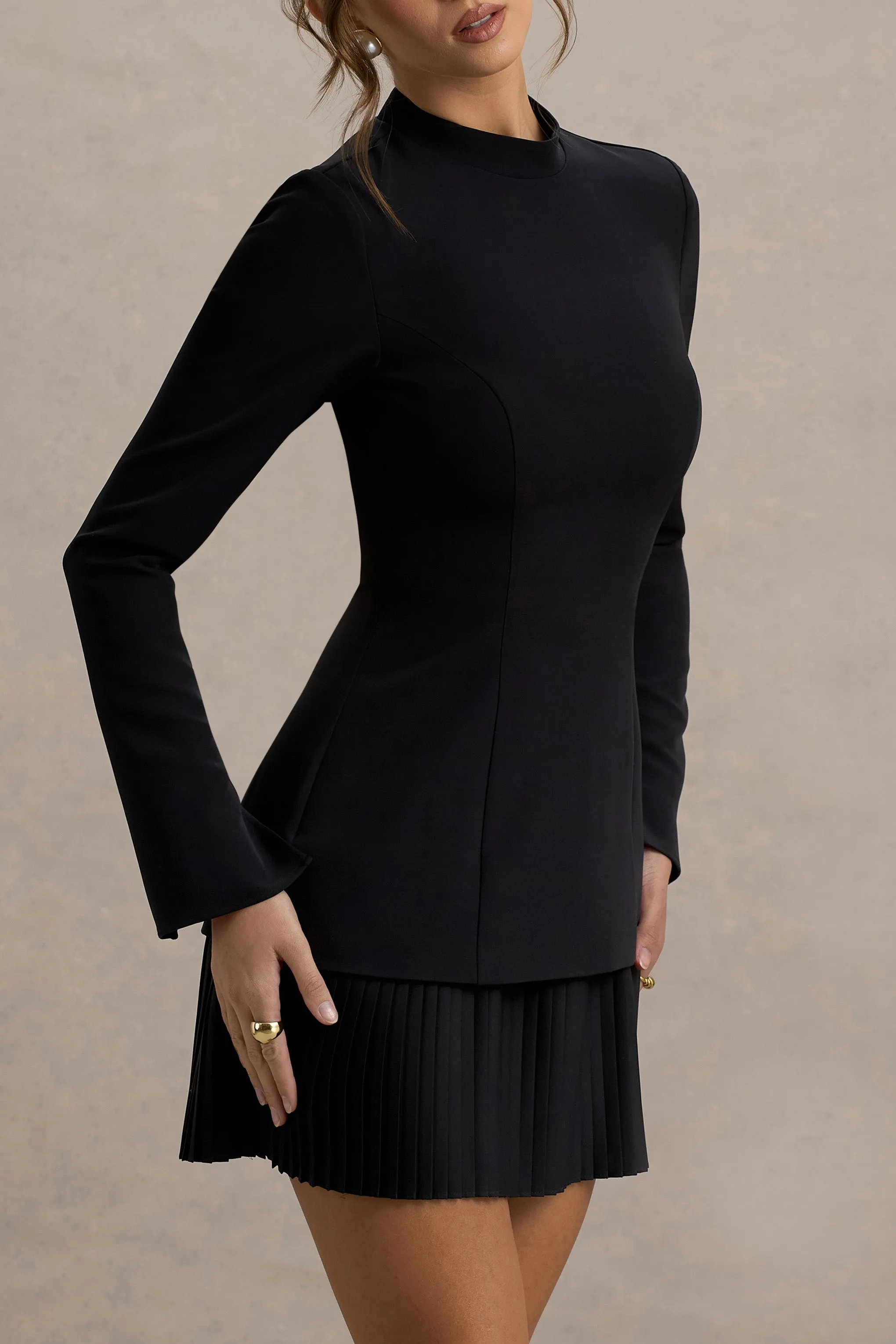 Athena | Black Long-Sleeve Mini Dress With Pleated Hem Club L London