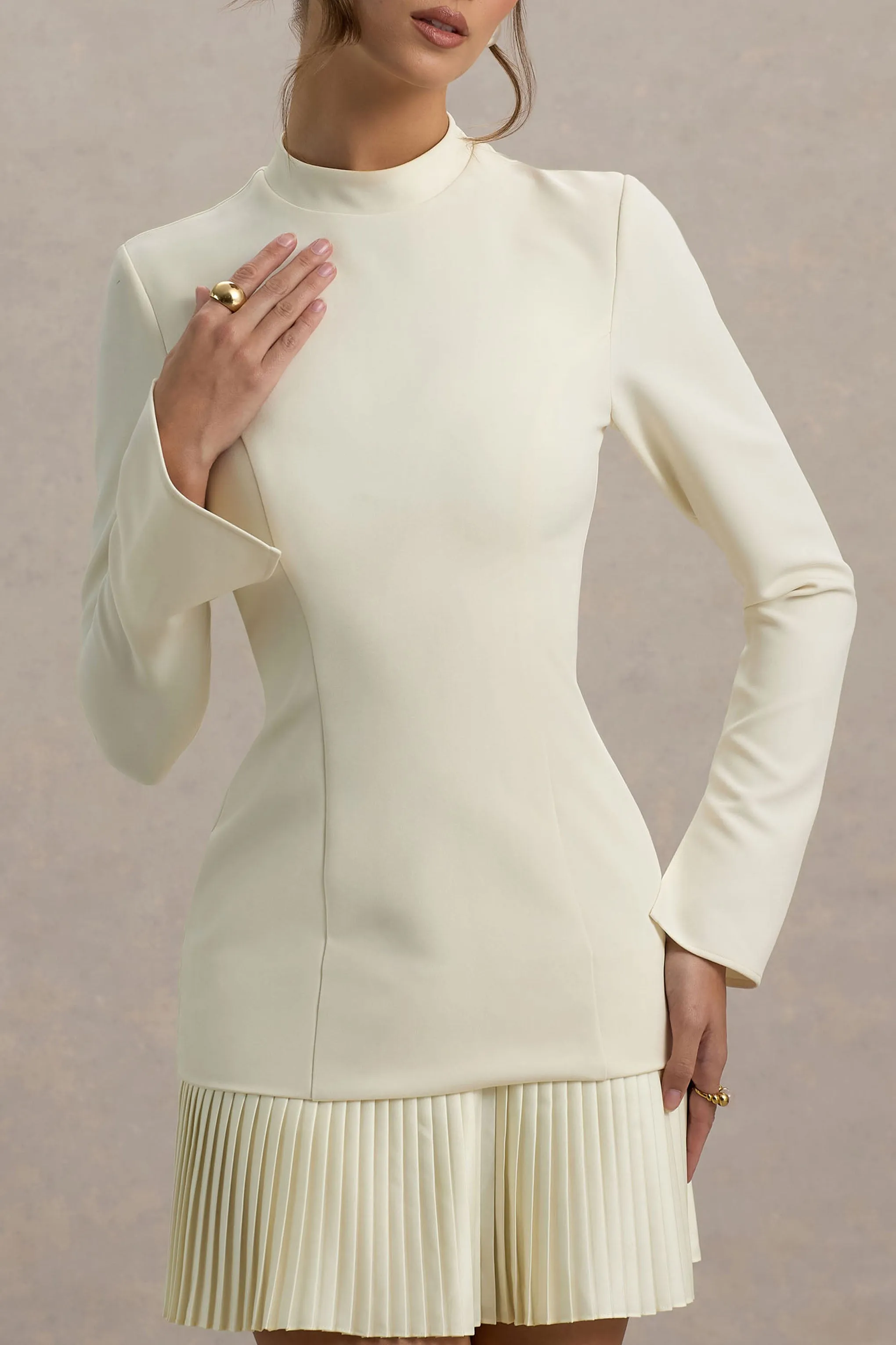 Athena | Cream Long-Sleeve Mini Dress With Pleated Hem Club L London