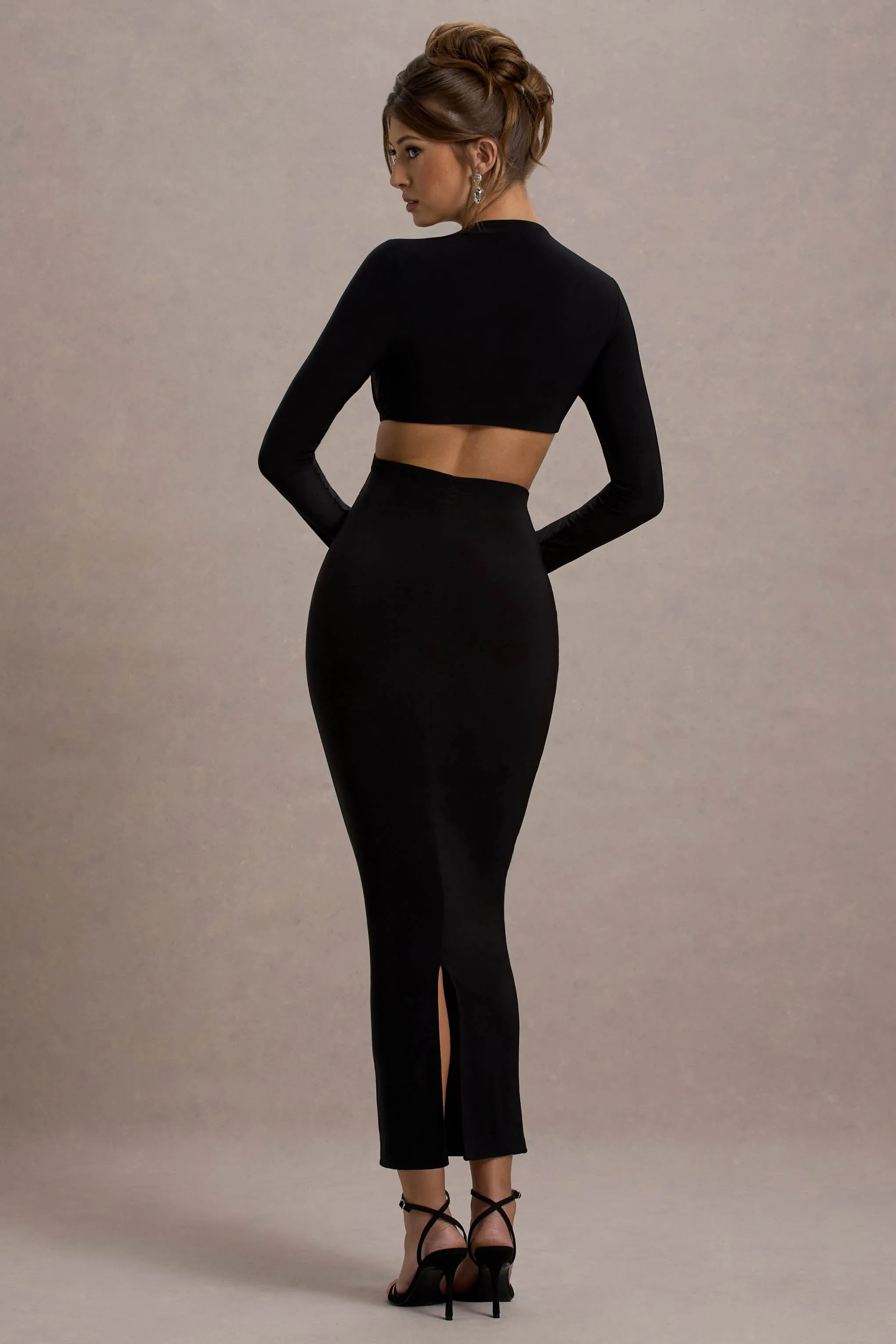 Attina | Black Long-Sleeve Twisted Cut-Out Maxi Dress Club L London