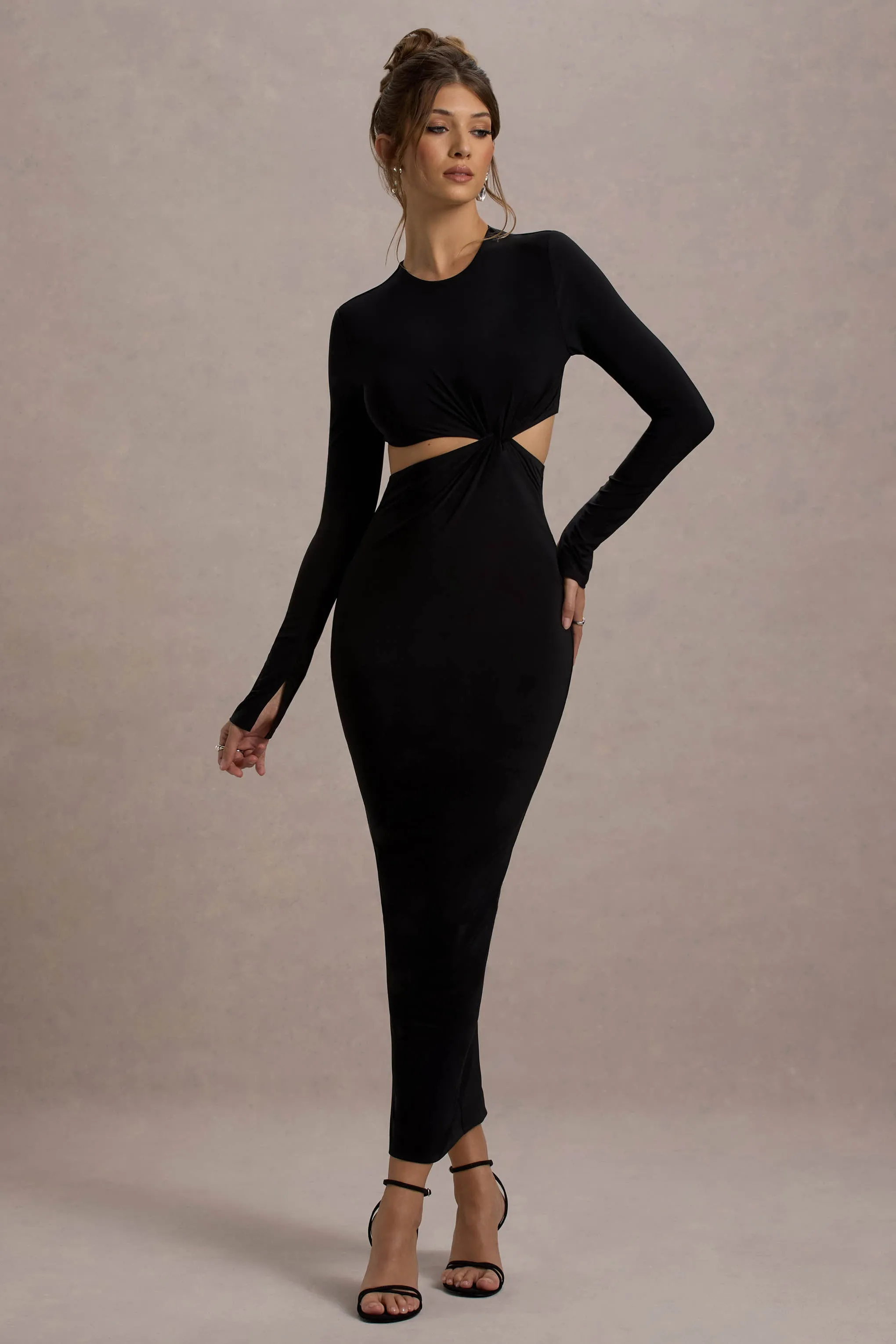 Attina | Black Long-Sleeve Twisted Cut-Out Maxi Dress Club L London