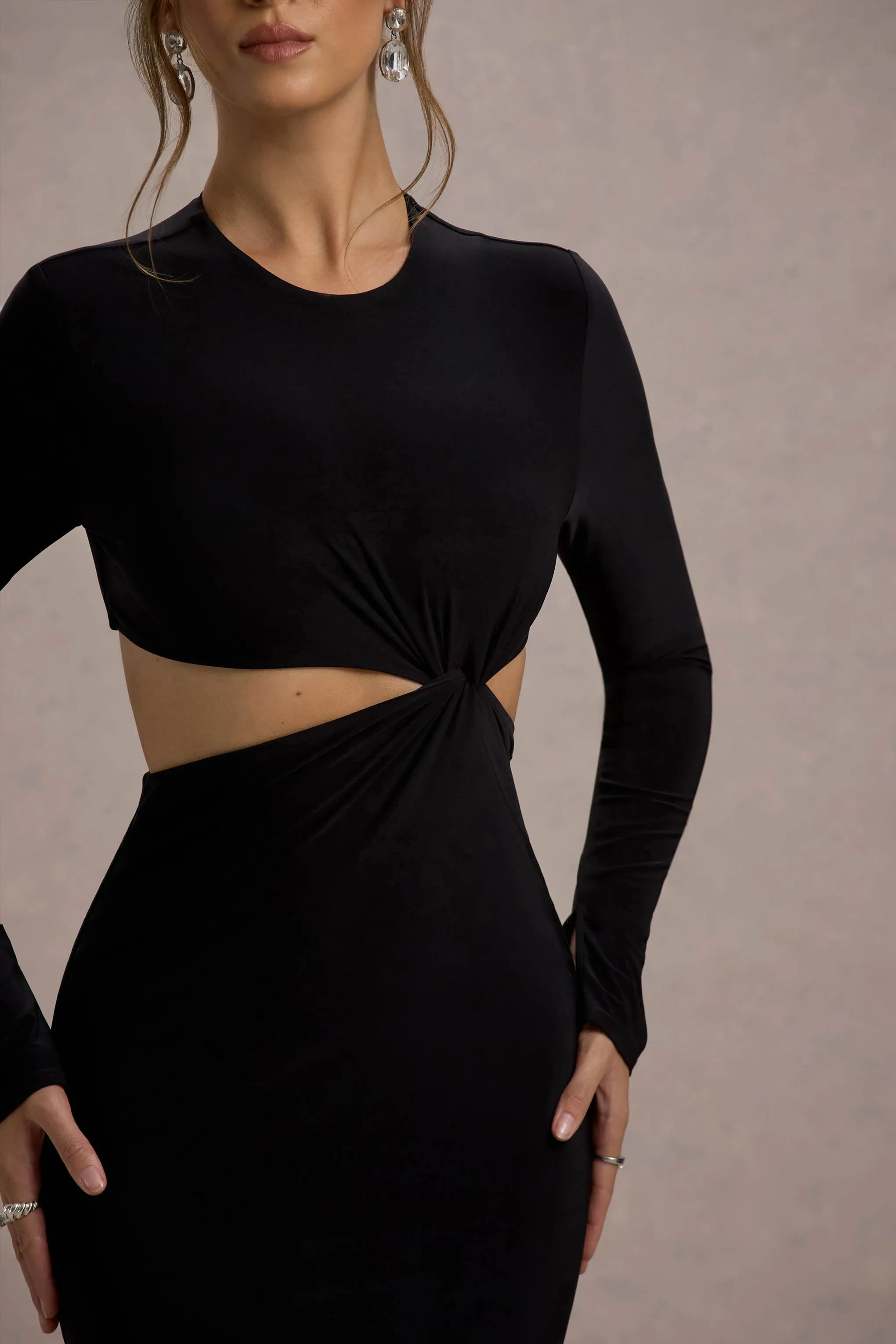 Attina | Black Long-Sleeve Twisted Cut-Out Maxi Dress Club L London