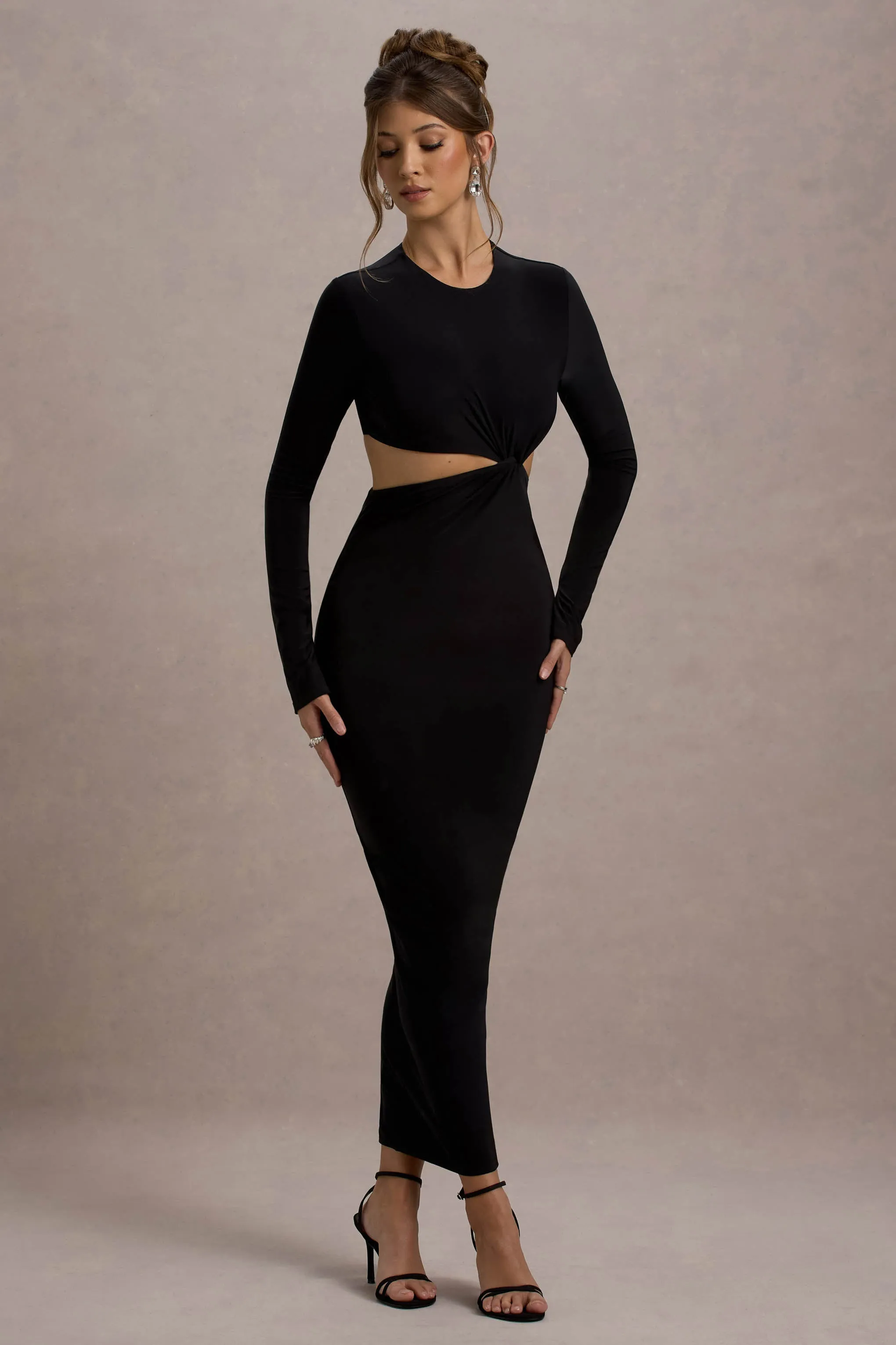 Attina | Black Long-Sleeve Twisted Cut-Out Maxi Dress Club L London