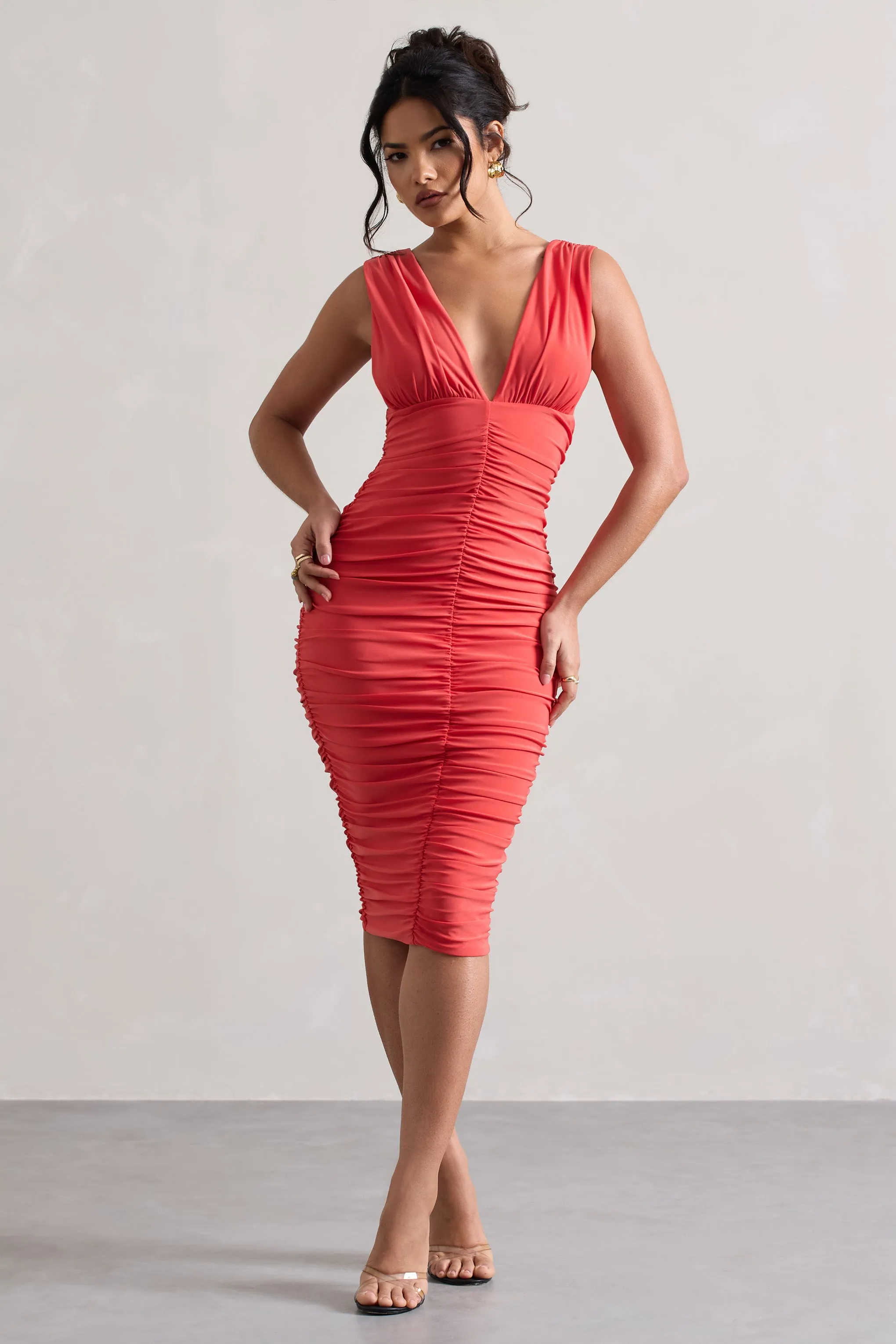 Attract | Coral Ruched Plunge-Neck Midi Dress Club L London