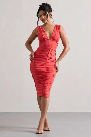 Attract | Coral Ruched Plunge-Neck Midi Dress Club L London