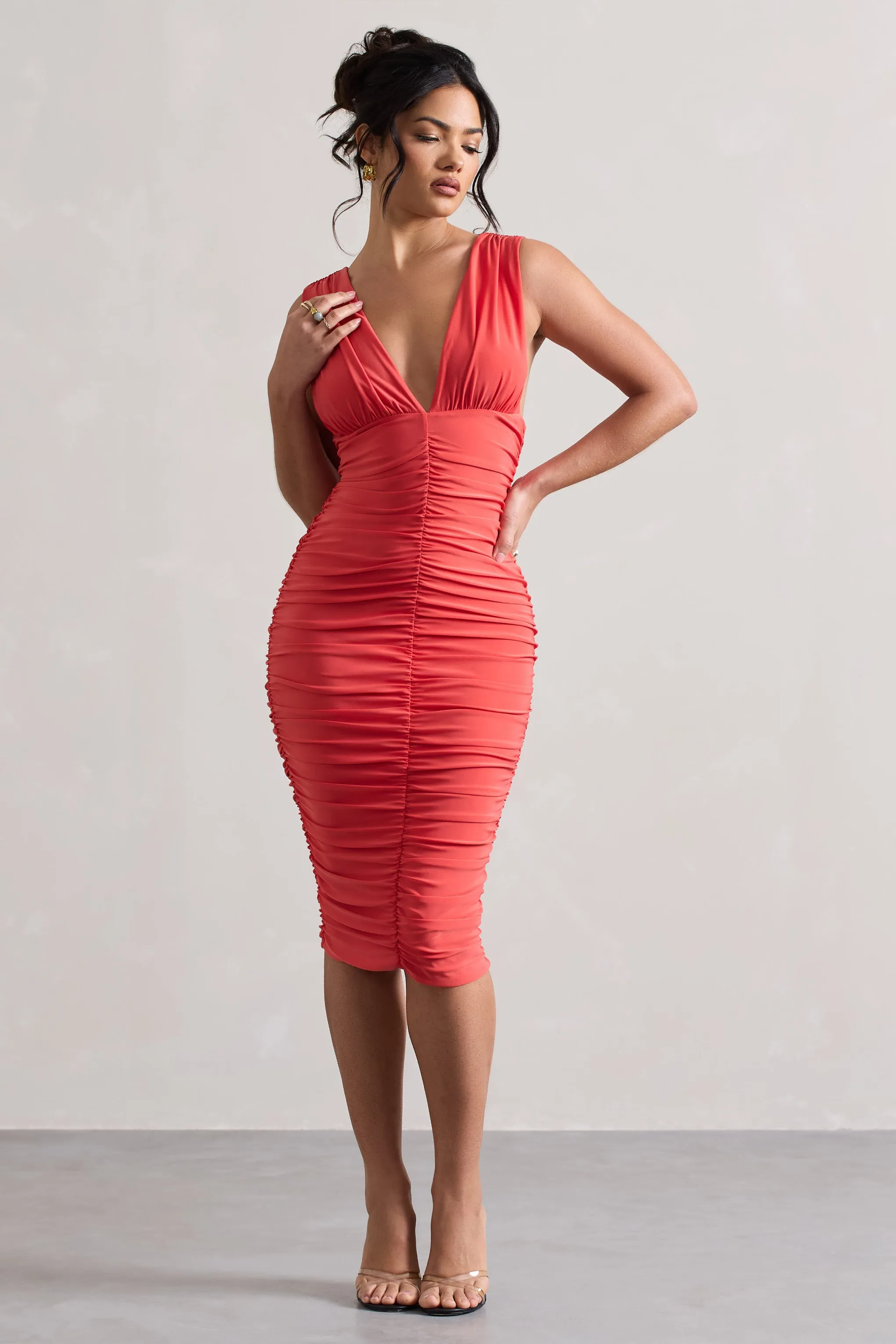 Attract | Coral Ruched Plunge-Neck Midi Dress Club L London