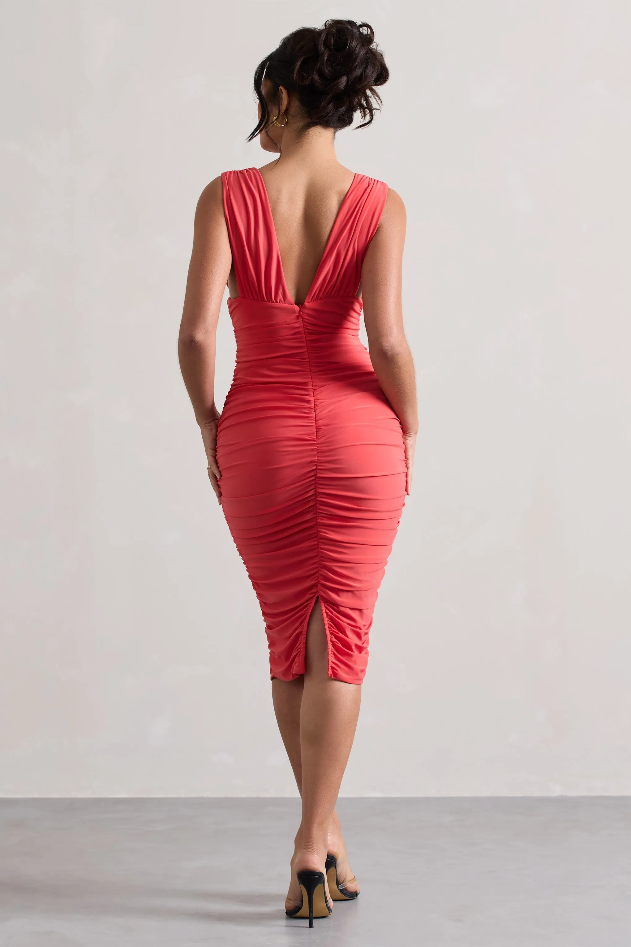 Attract | Coral Ruched Plunge-Neck Midi Dress Club L London