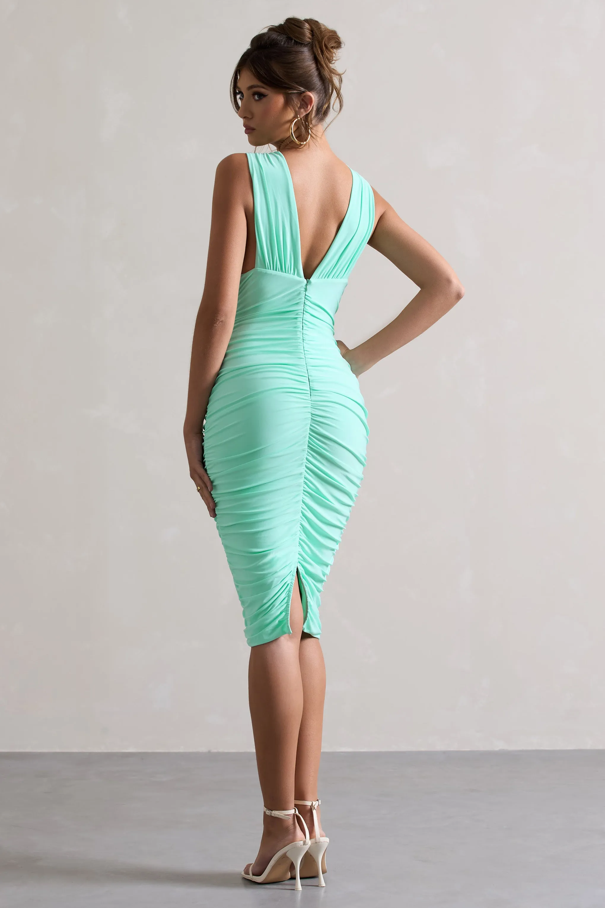 Attract | Mint Ruched Plunge-Neck Midi Dress Club L London