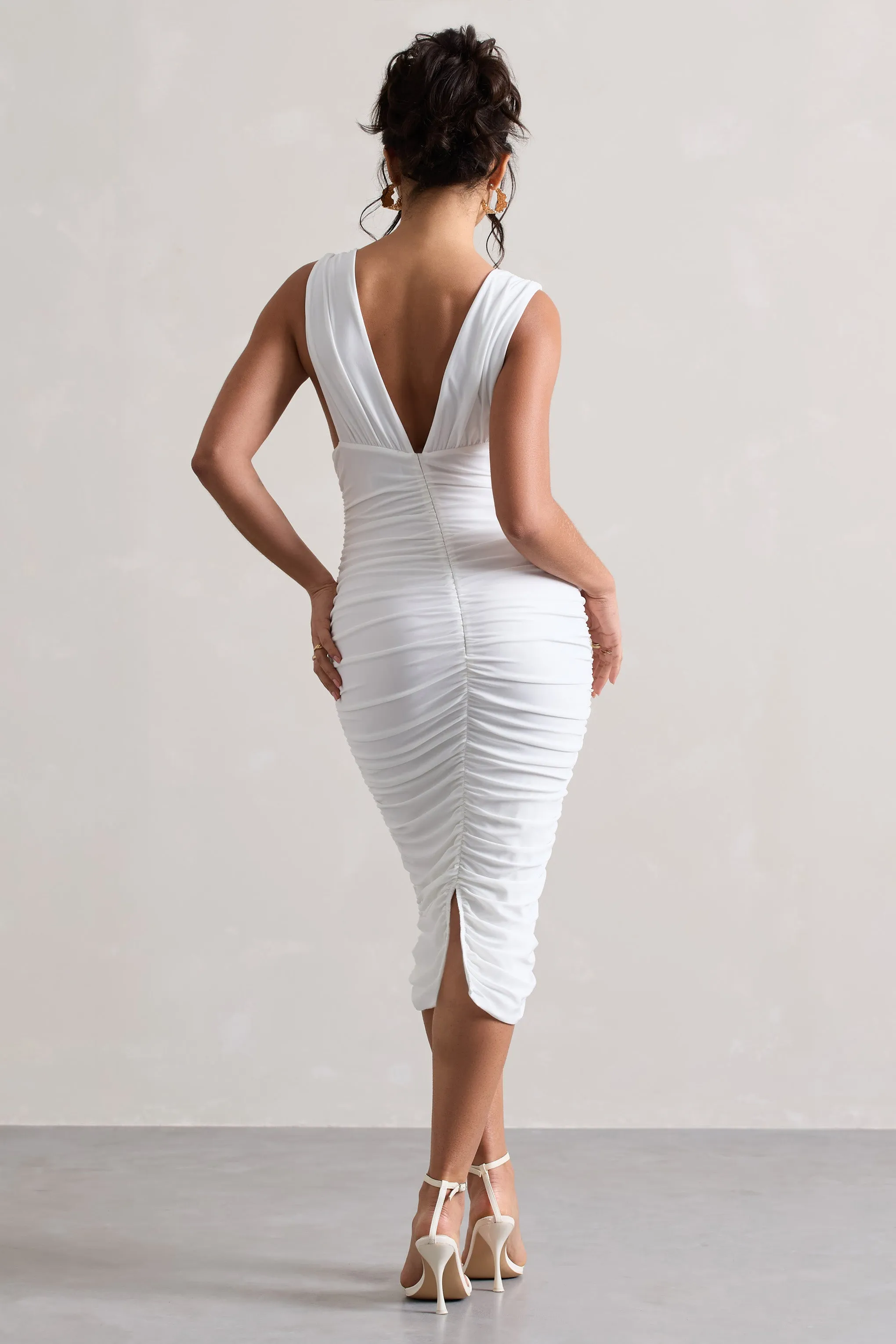 Attract | White Ruched Plunge-Neck Midi Dress Club L London