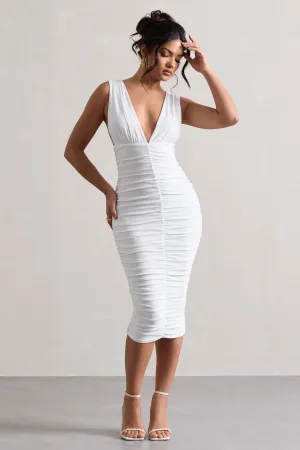 Attract | White Ruched Plunge-Neck Midi Dress Club L London