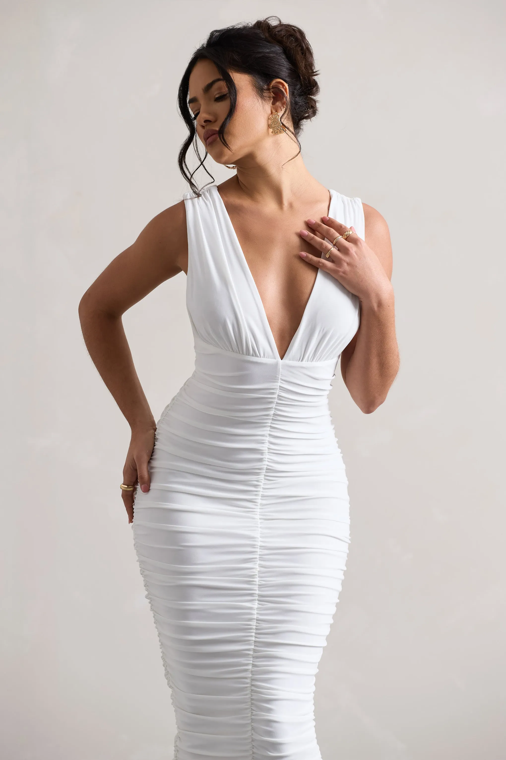 Attract | White Ruched Plunge-Neck Midi Dress Club L London