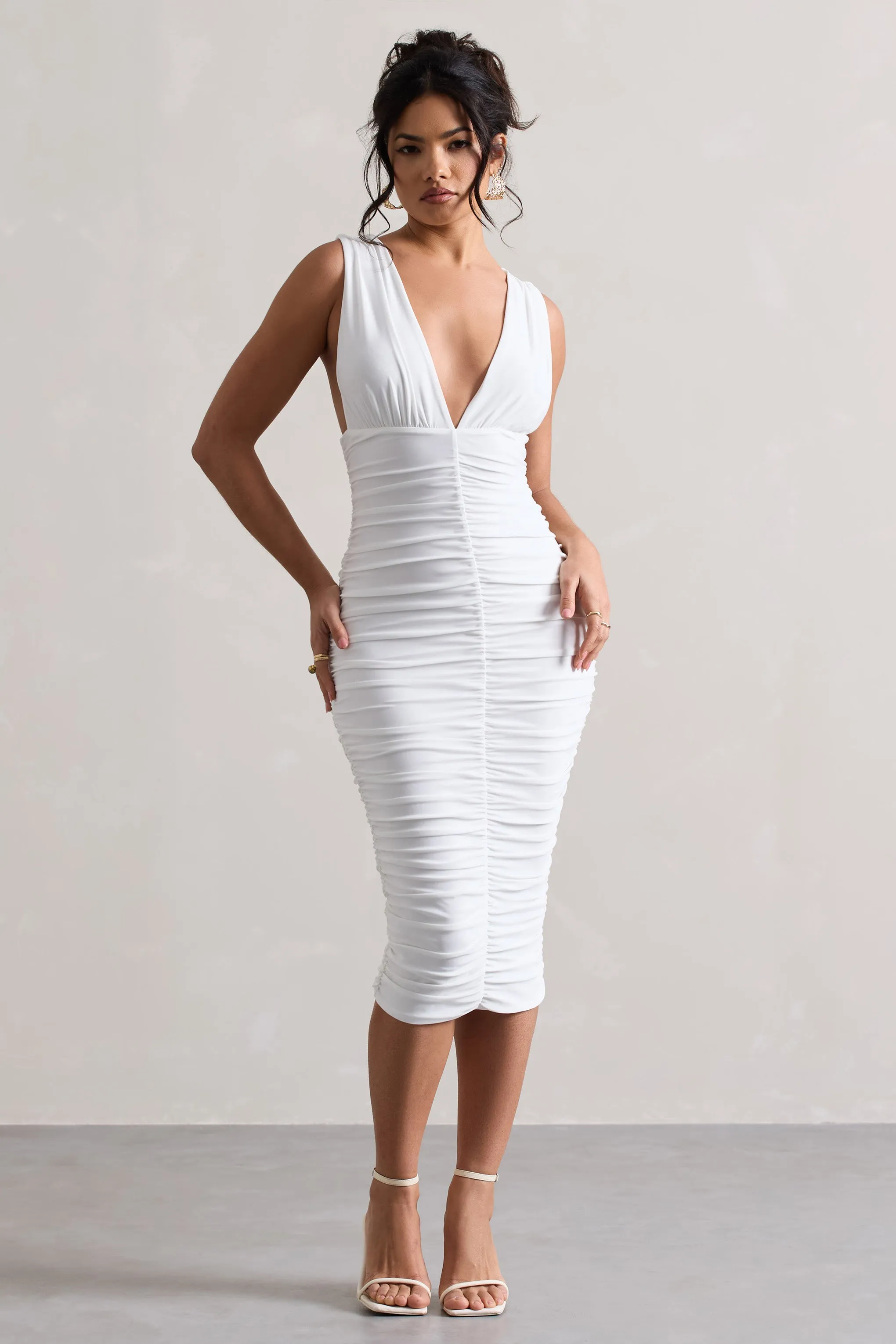 Attract | White Ruched Plunge-Neck Midi Dress Club L London