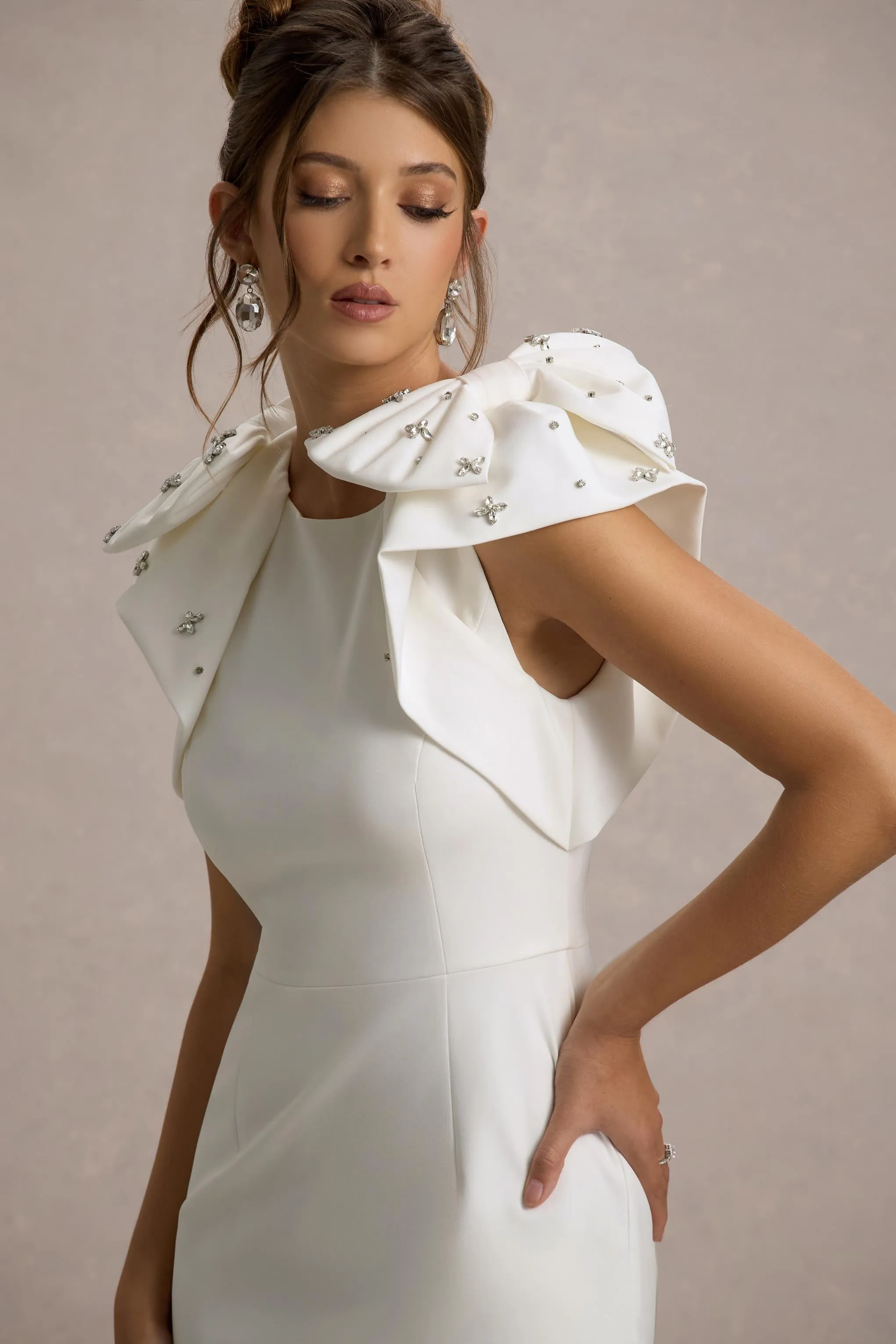 Aubrie | Ecru Midi Dress With Bow Details Club L London