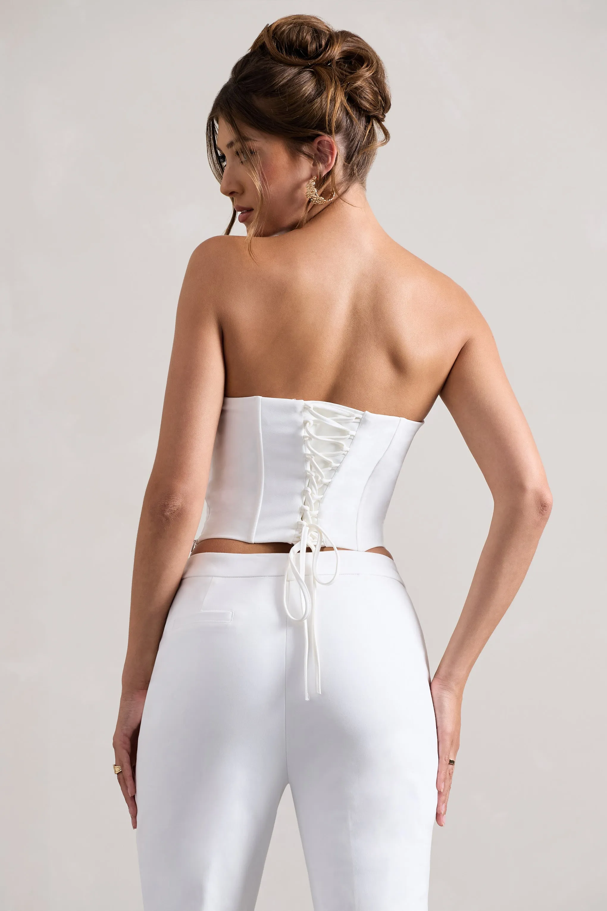 Aubriella | White Strapless Lace-Up Corset Top Club L London