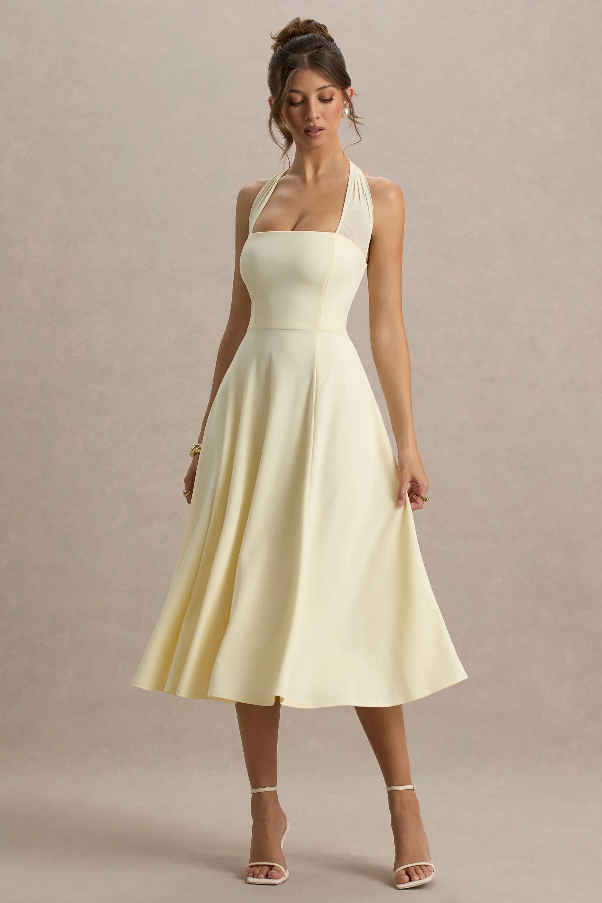 Auburn | Pale Lemon Halter-Neck Midi Dress Club L London
