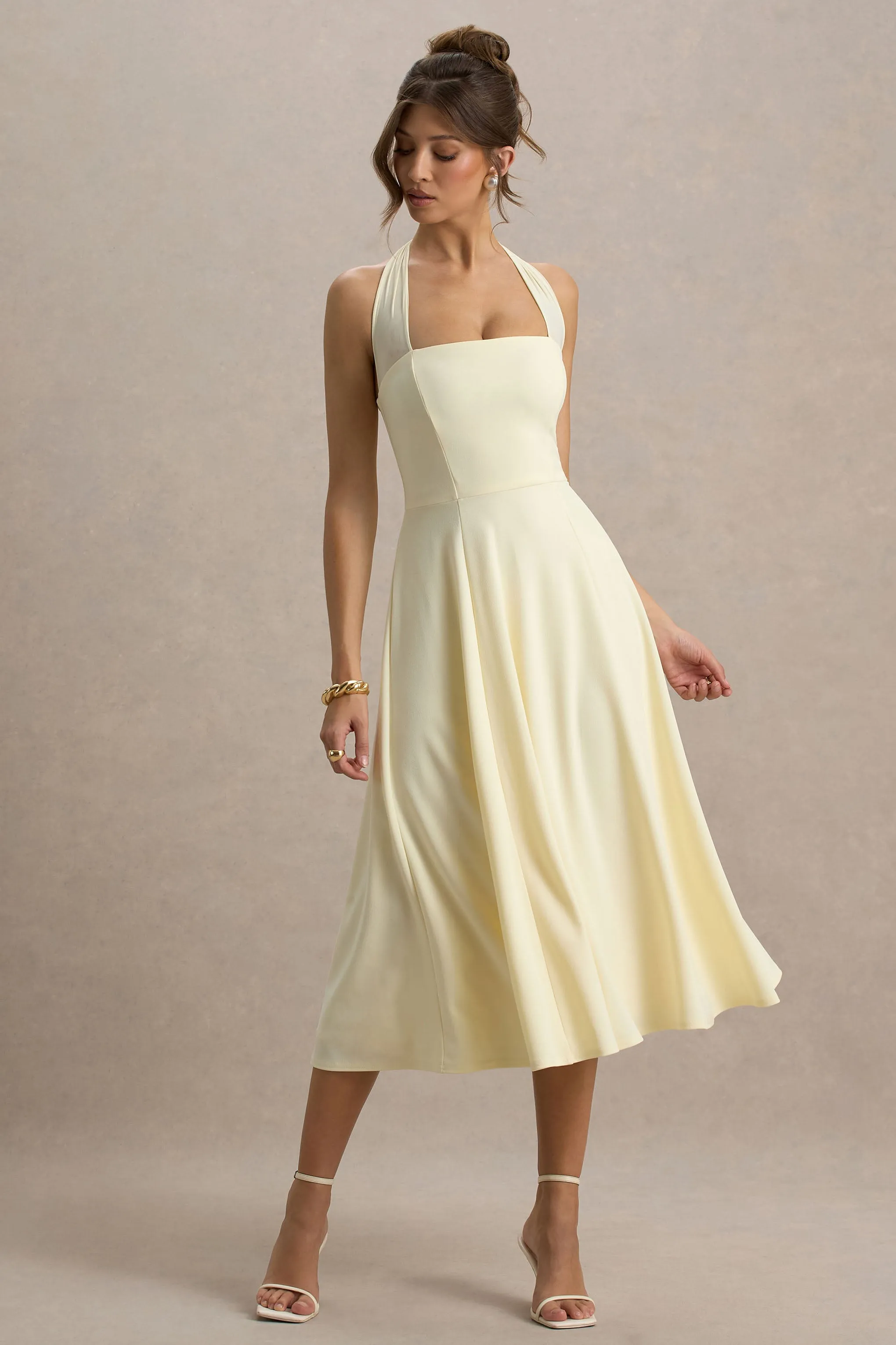Auburn | Pale Lemon Halter-Neck Midi Dress Club L London