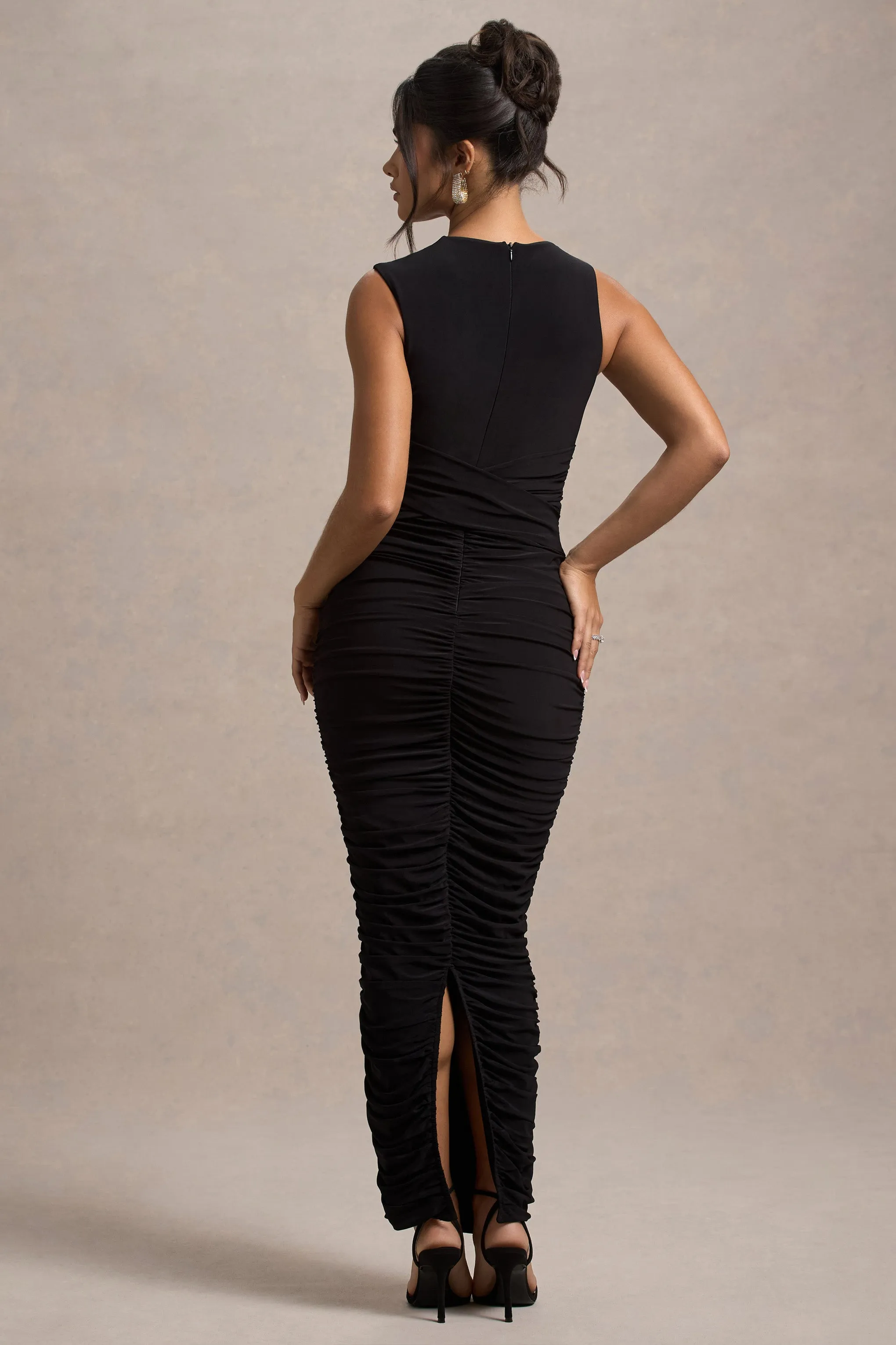Audelia | Black Cut-Out Maxi Dress With Floral Corsages Club L London