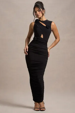 Audelia | Black Cut-Out Maxi Dress With Floral Corsages Club L London