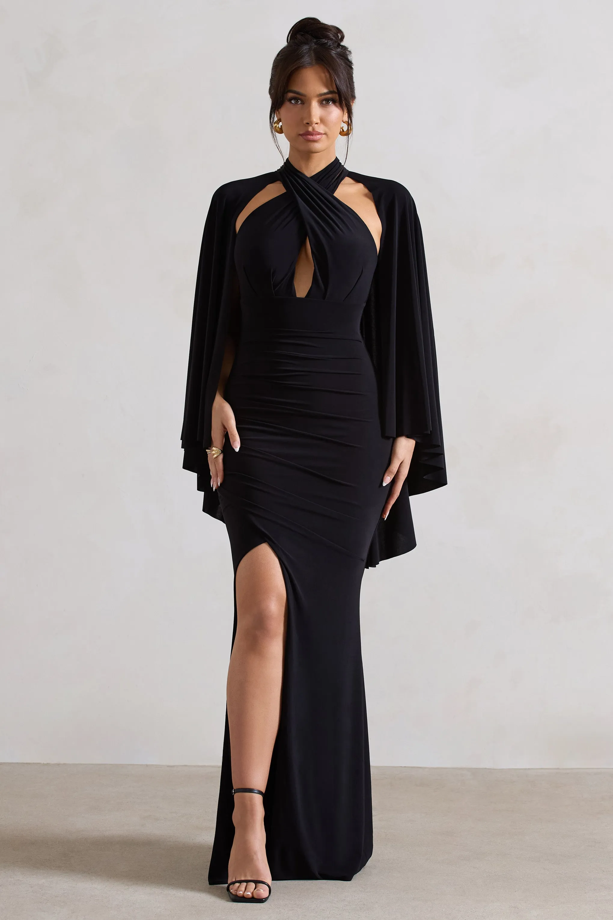 Audrina | Black Ruched Halter-Neck Split Maxi Dress With Cape Club L London