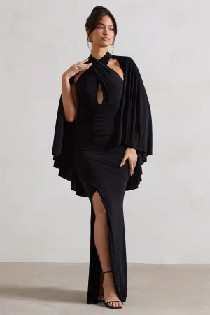 Audrina | Black Ruched Halter-Neck Split Maxi Dress With Cape Club L London