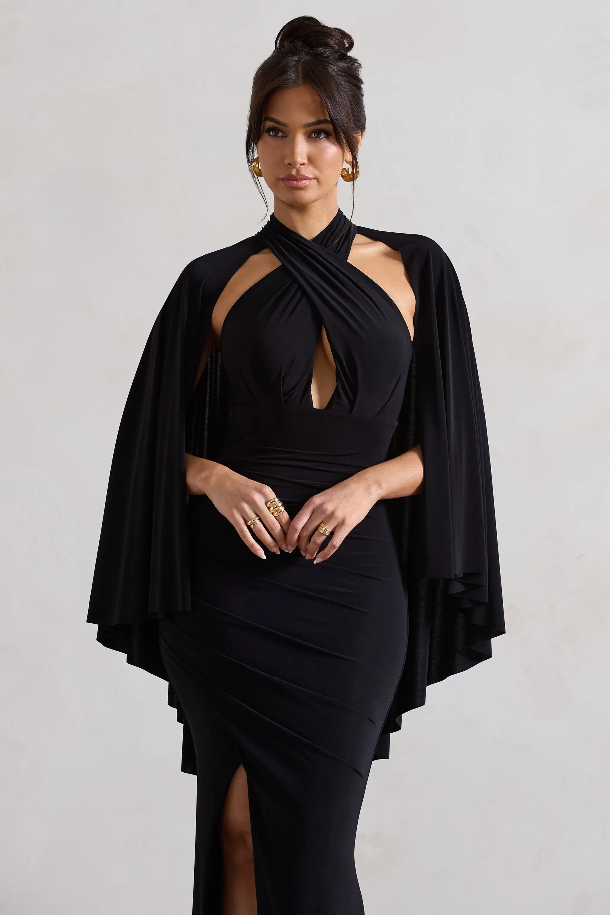 Audrina | Black Ruched Halter-Neck Split Maxi Dress With Cape Club L London