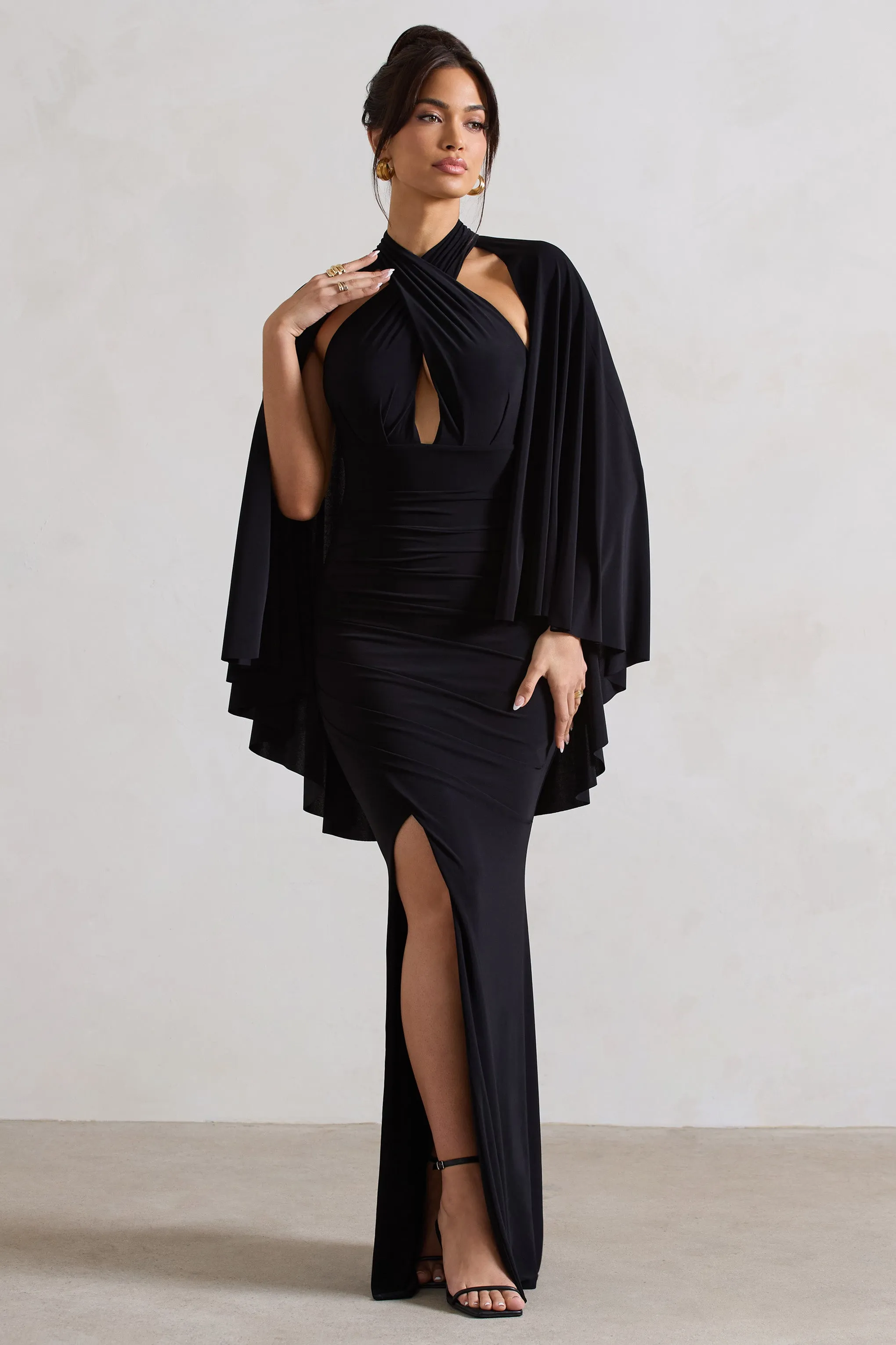 Audrina | Black Ruched Halter-Neck Split Maxi Dress With Cape Club L London