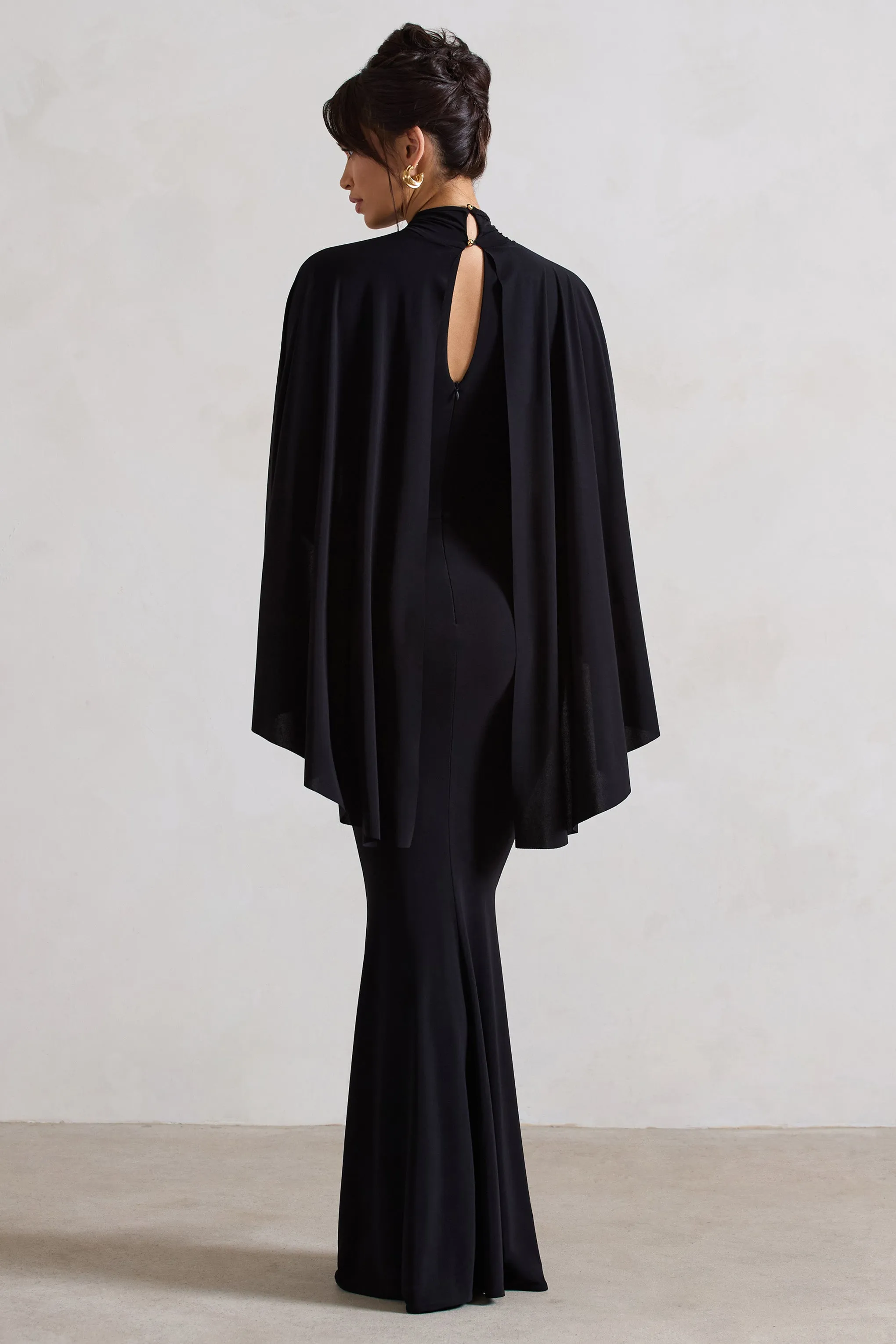 Audrina | Black Ruched Halter-Neck Split Maxi Dress With Cape Club L London