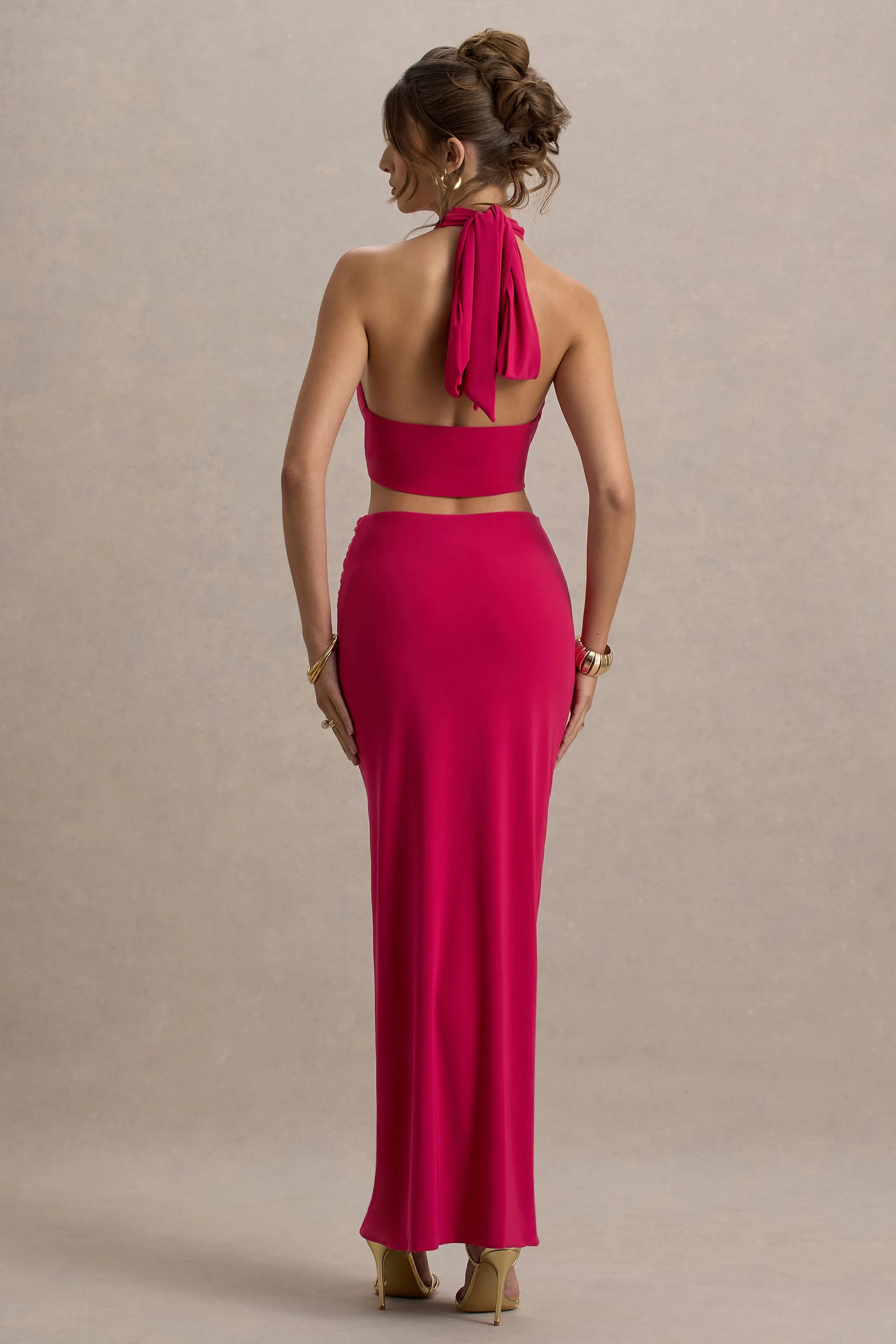 Aura | Hot Pink Halter-Neck Cut-Out Split Maxi Dress Club L London
