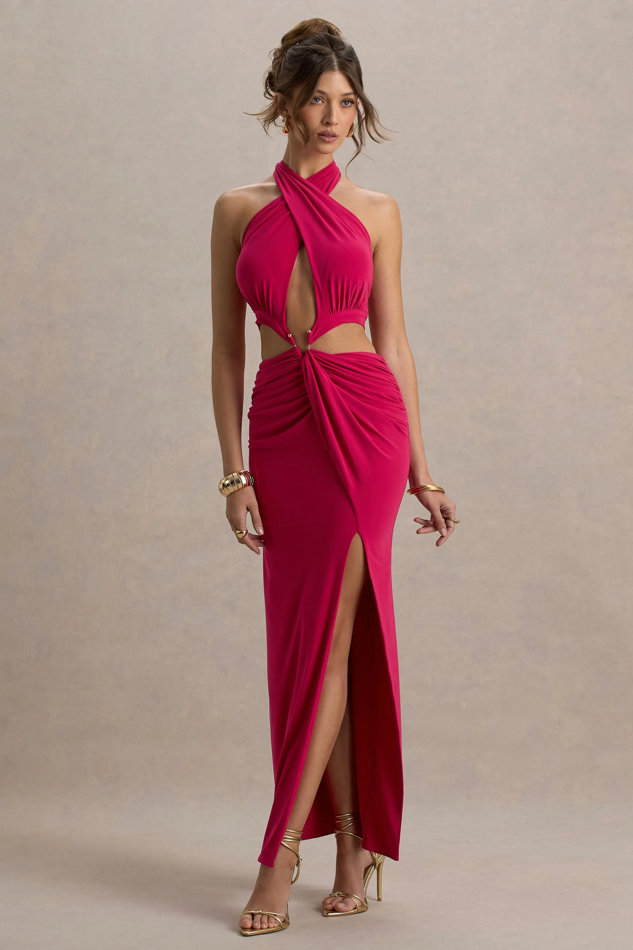 Aura | Hot Pink Halter-Neck Cut-Out Split Maxi Dress Club L London