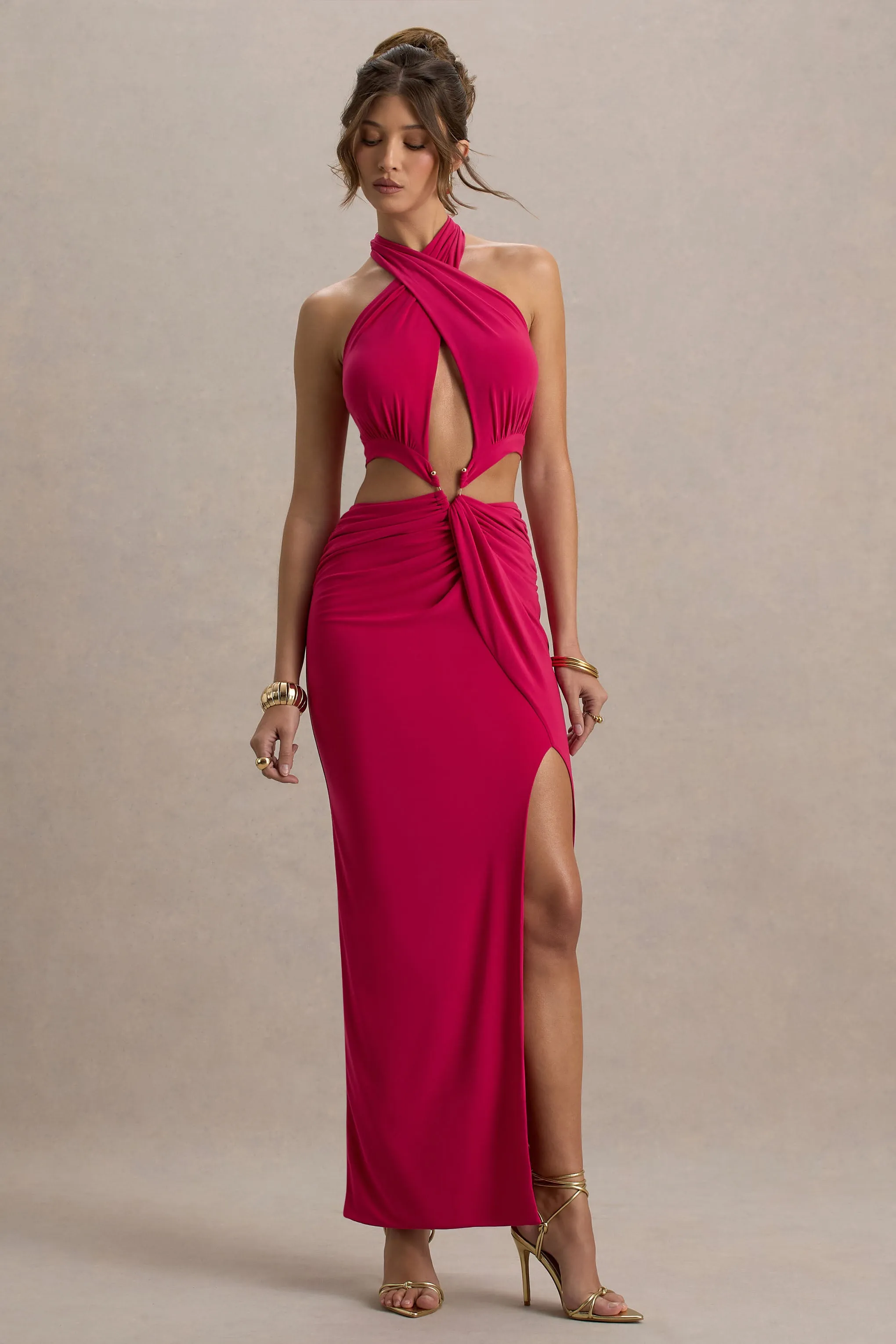 Aura | Hot Pink Halter-Neck Cut-Out Split Maxi Dress Club L London