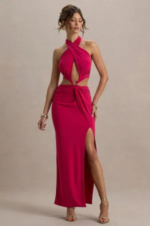 Aura | Hot Pink Halter-Neck Cut-Out Split Maxi Dress Club L London