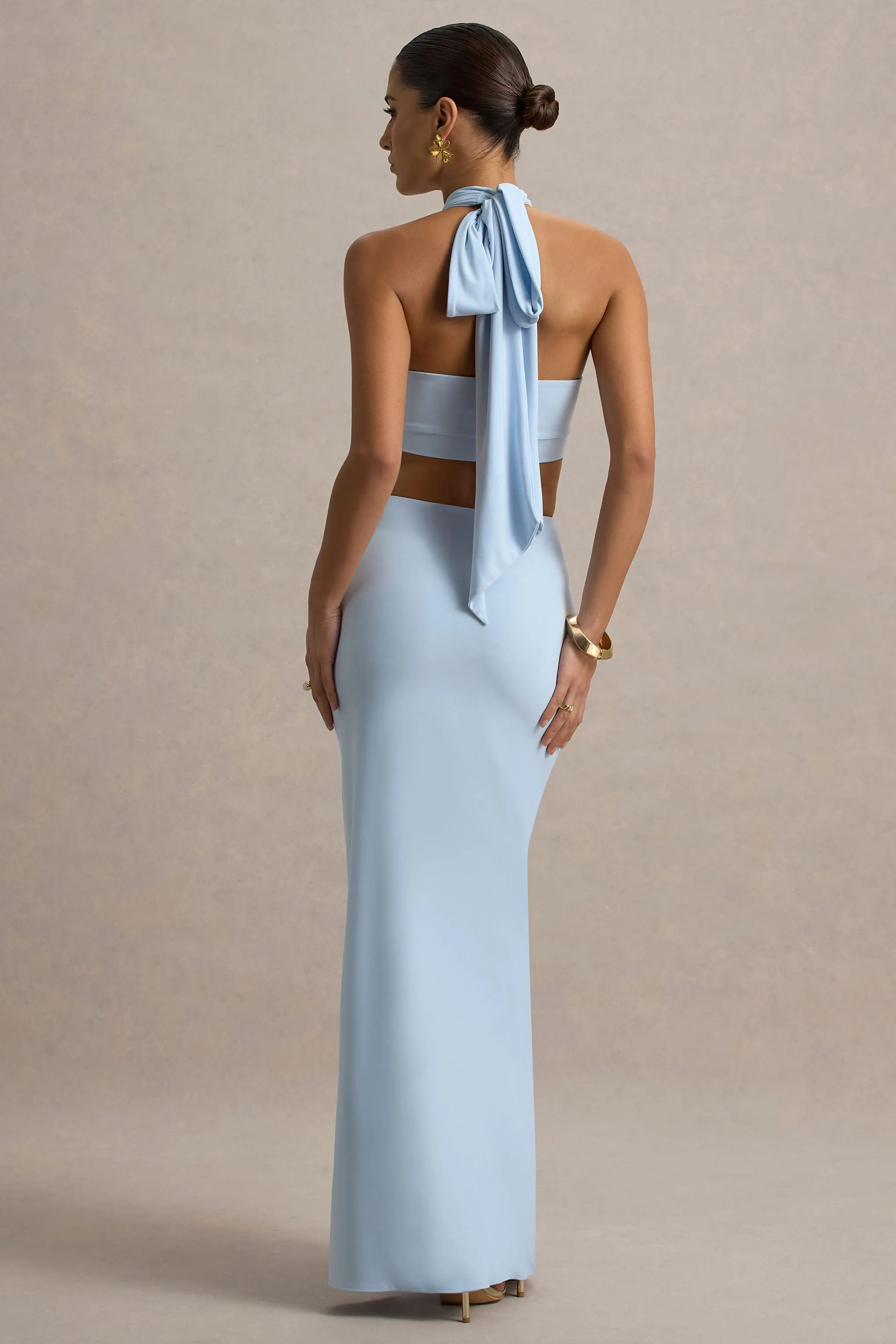Aura | Powder Blue Halter-Neck Cut-Out Split Maxi Dress Club L London