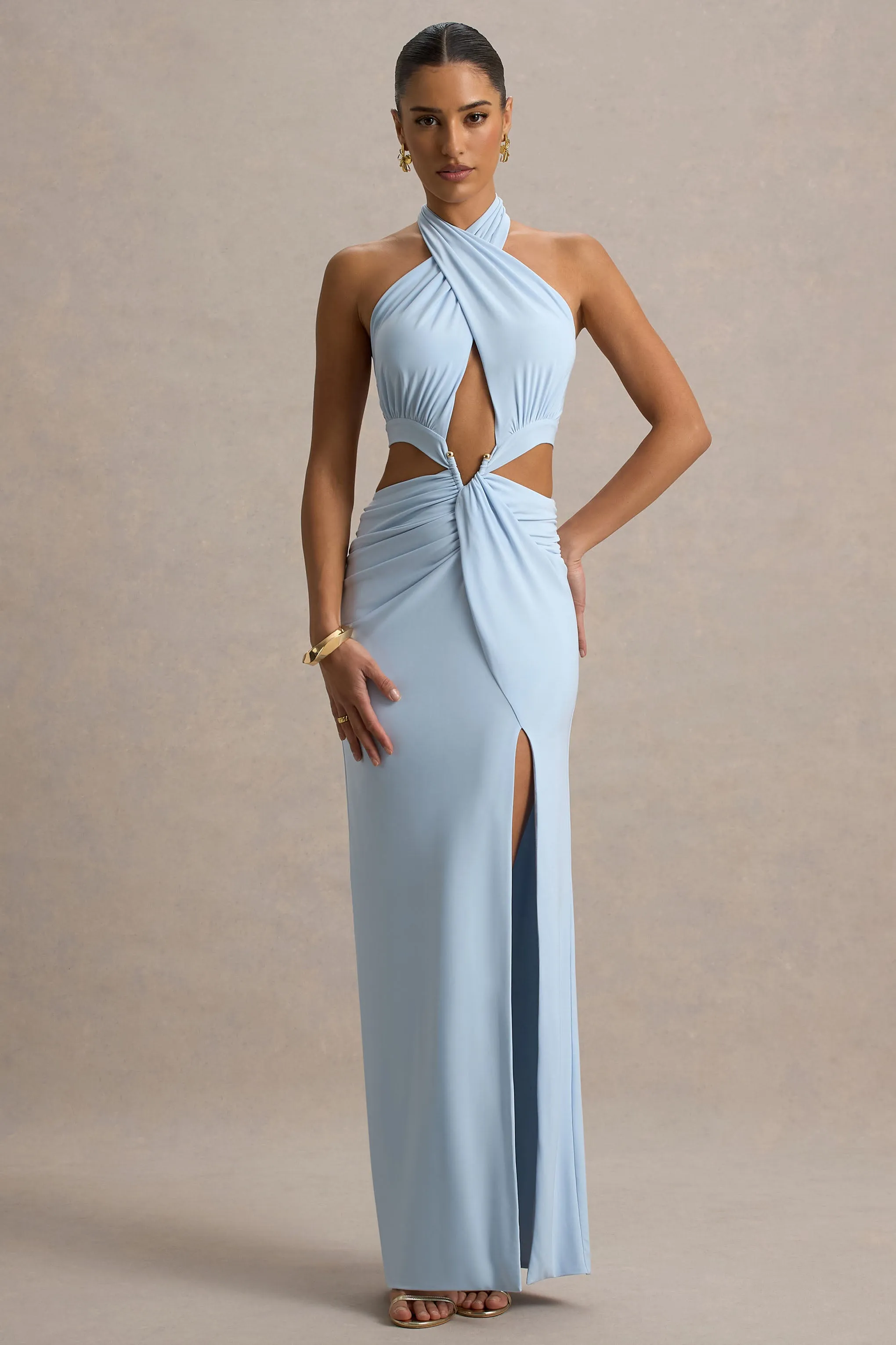 Aura | Powder Blue Halter-Neck Cut-Out Split Maxi Dress Club L London