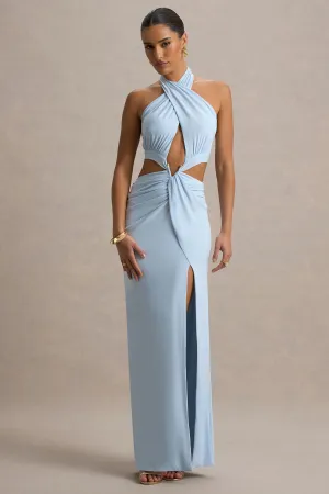Aura | Powder Blue Halter-Neck Cut-Out Split Maxi Dress Club L London