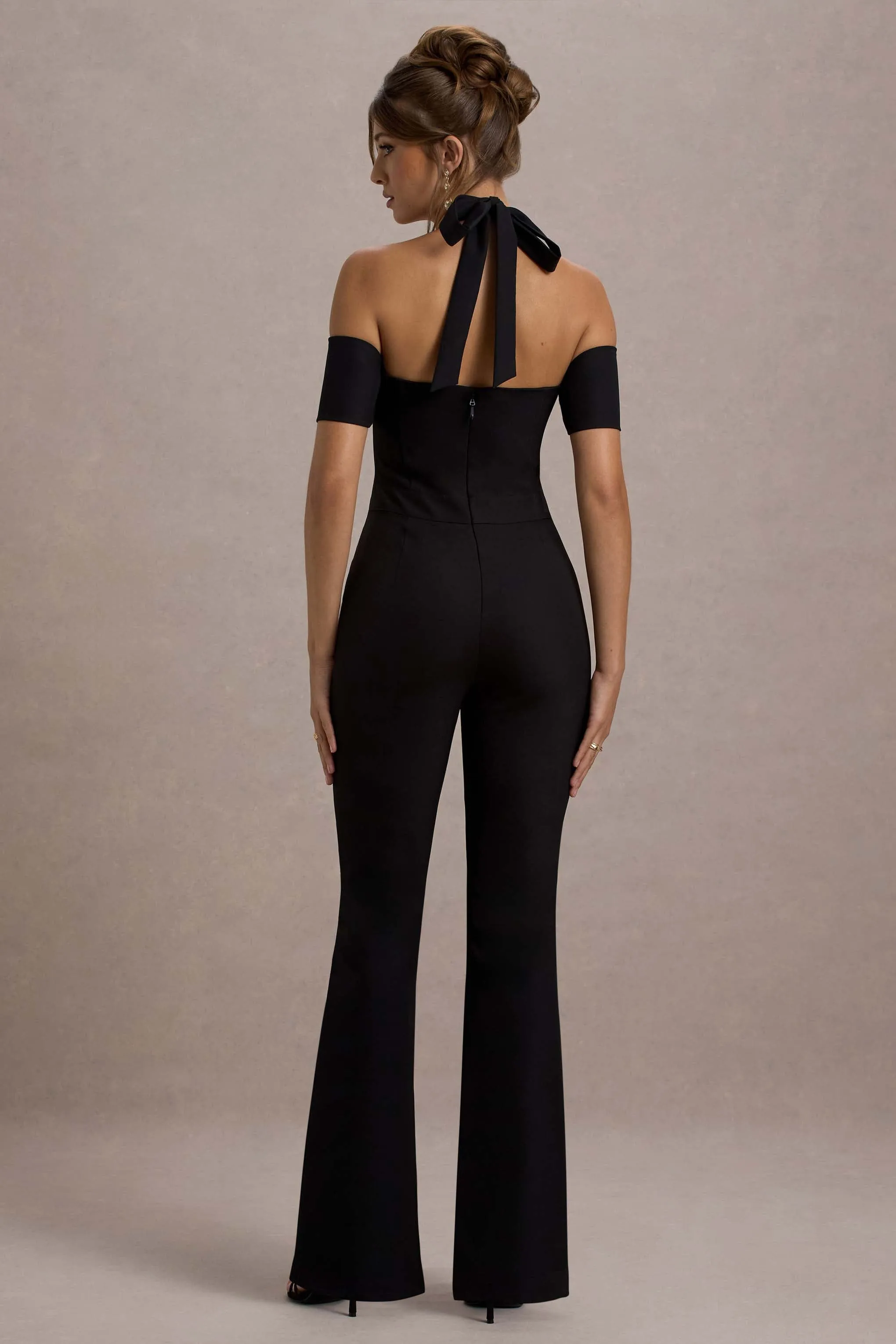 Aurea | Black Halter-Neck Flared-Leg Jumpsuit Club L London