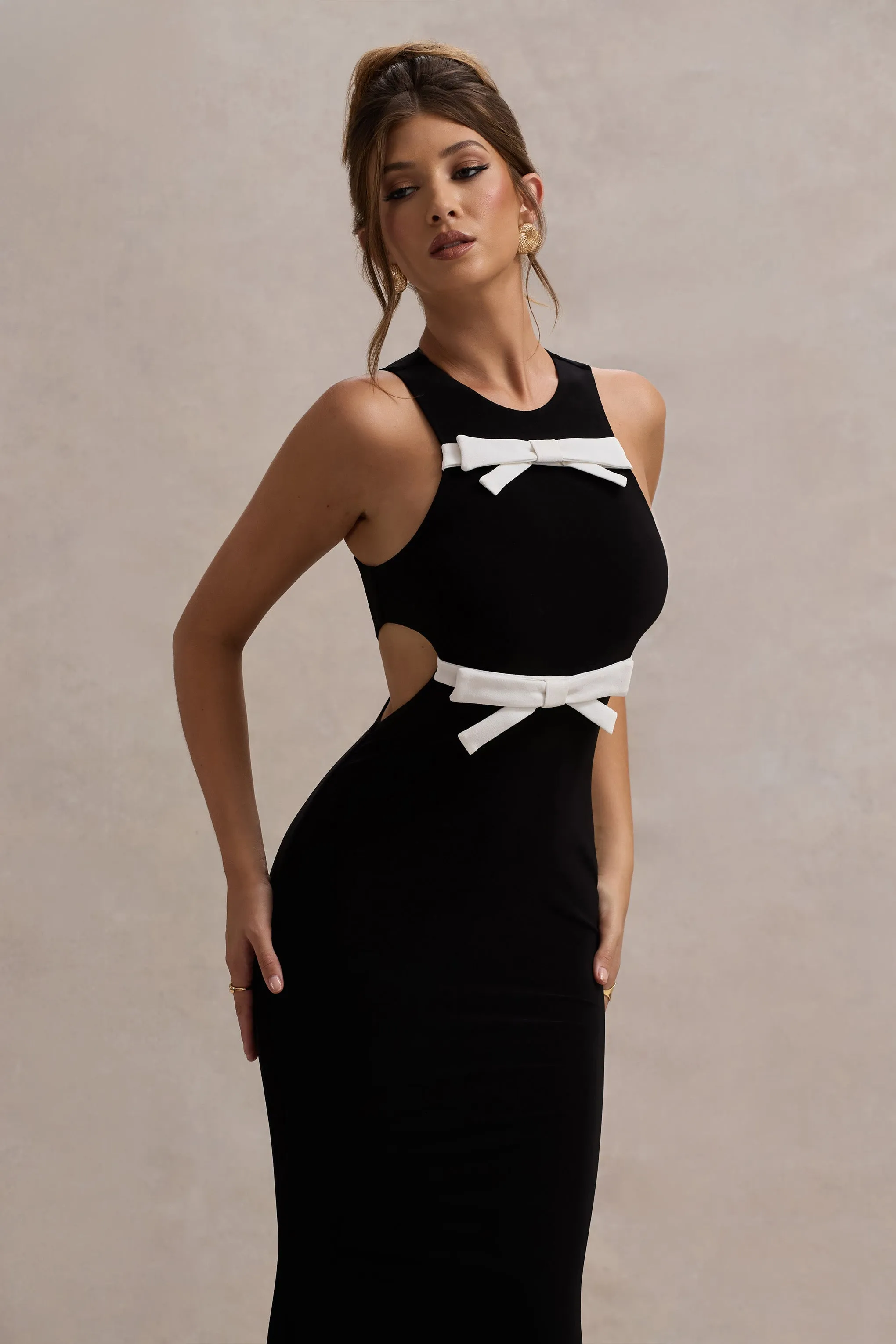 Aurelie | Black Cut-Out Maxi Dress With Bows Club L London