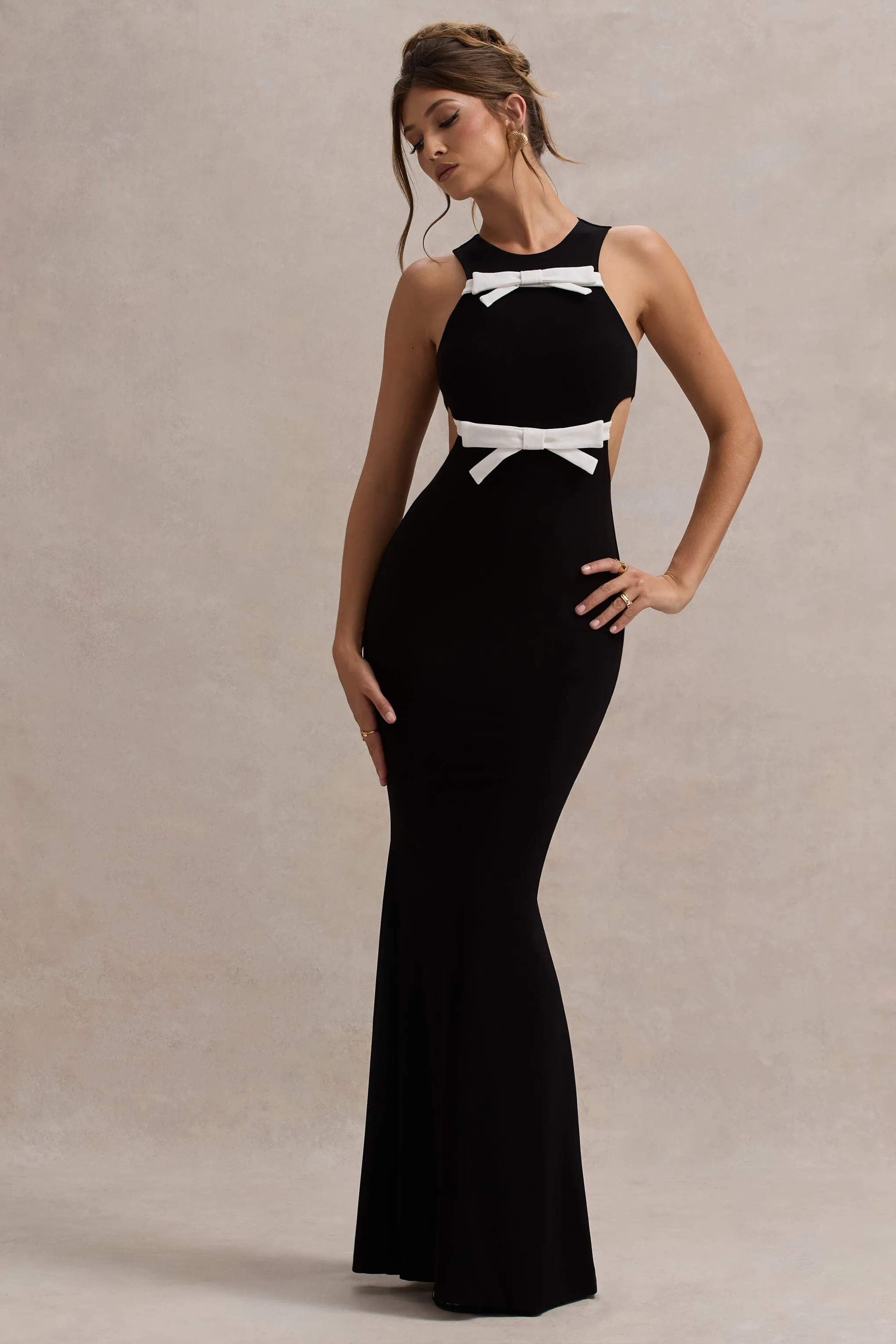 Aurelie | Black Cut-Out Maxi Dress With Bows Club L London