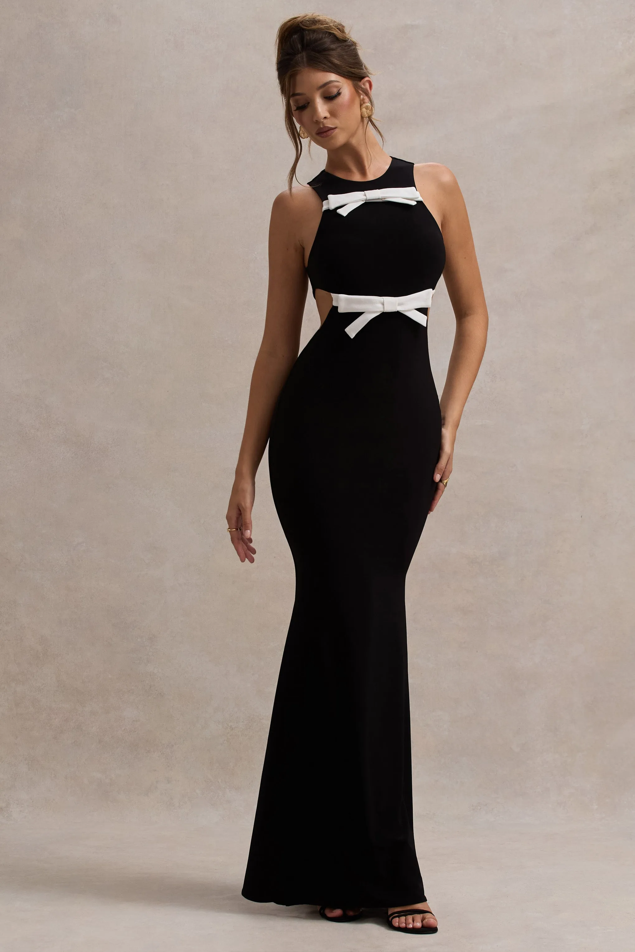 Aurelie | Black Cut-Out Maxi Dress With Bows Club L London