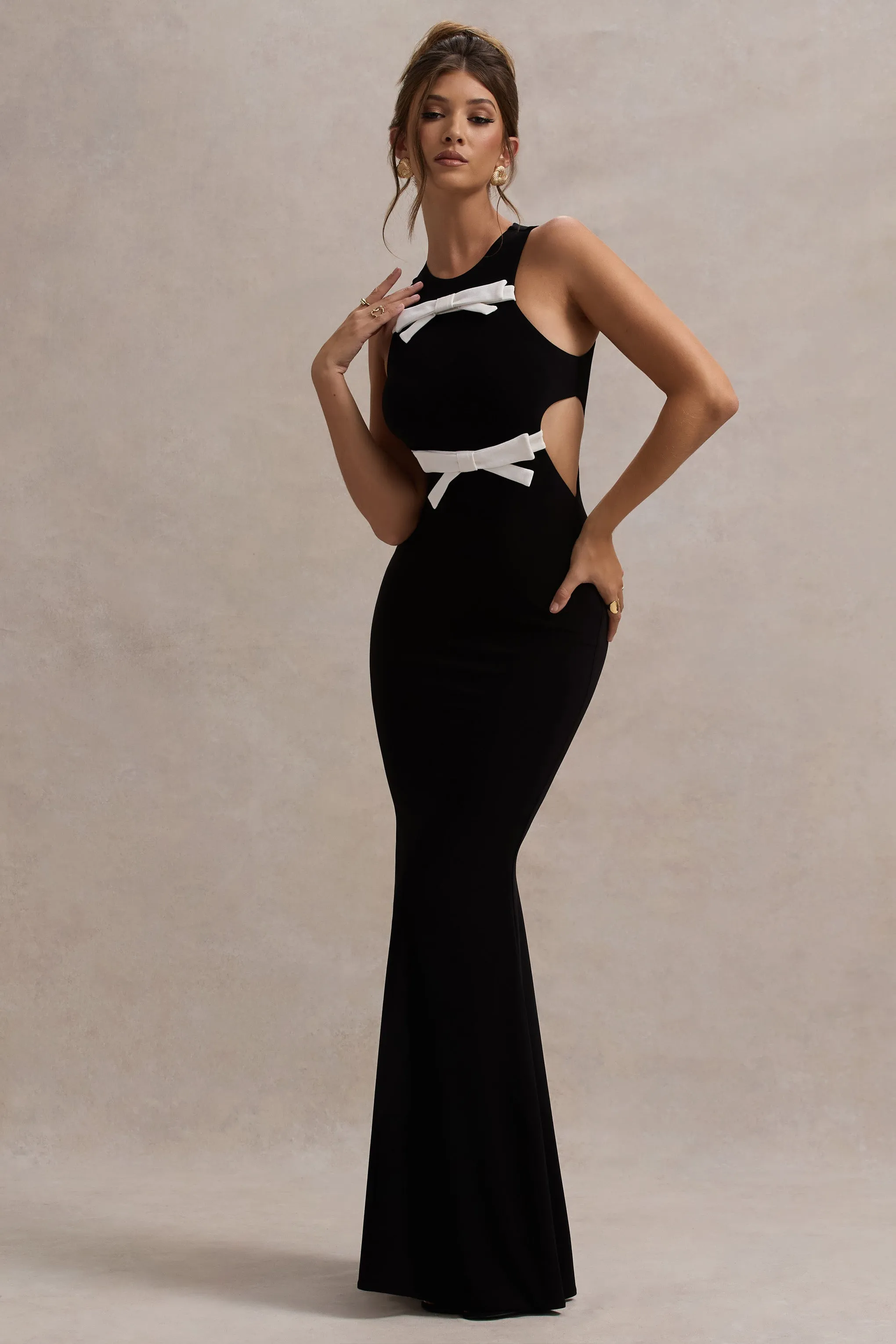 Aurelie | Black Cut-Out Maxi Dress With Bows Club L London