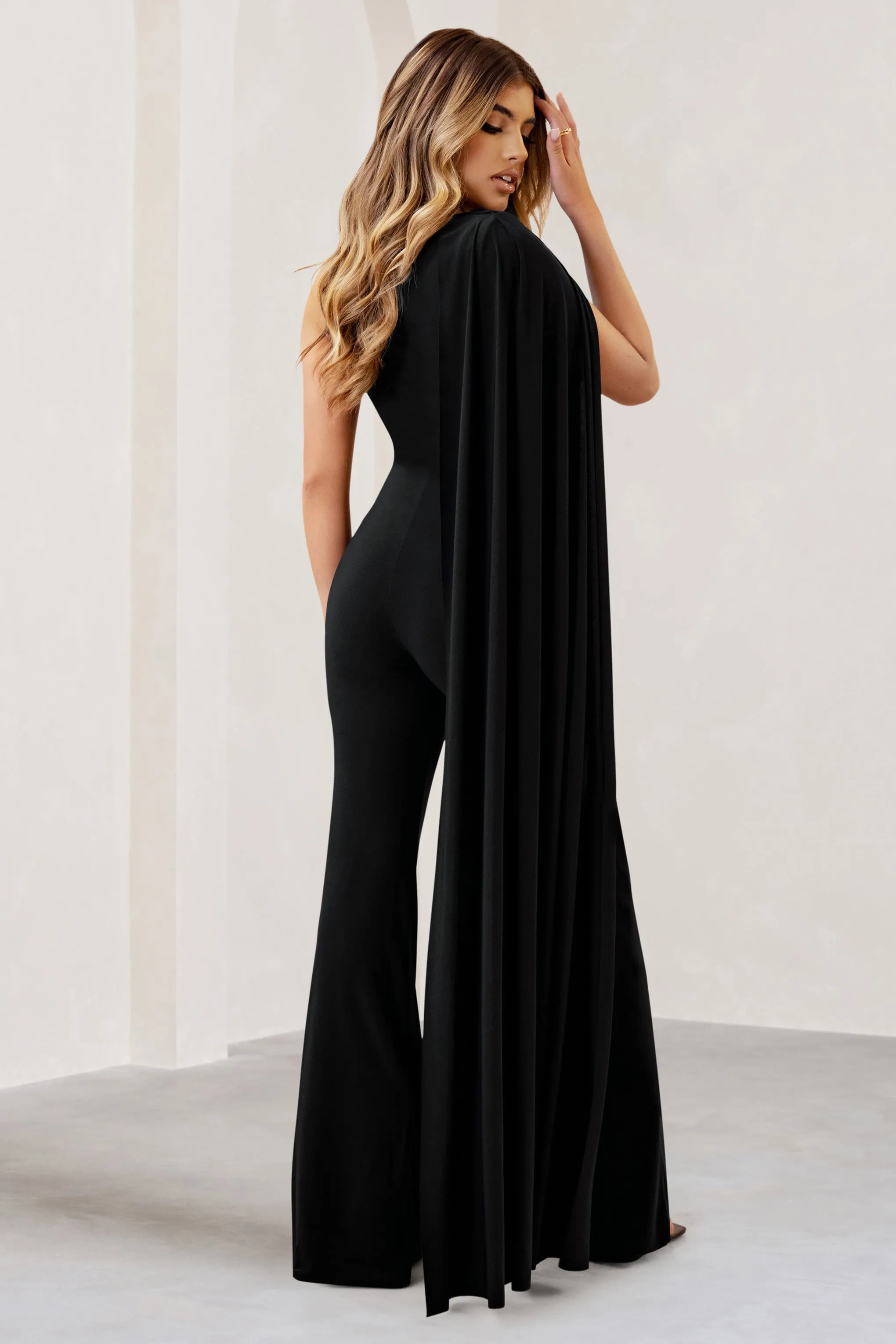 Aurora | Black One Shoulder Cape Sleeve Jumpsuit Club L London