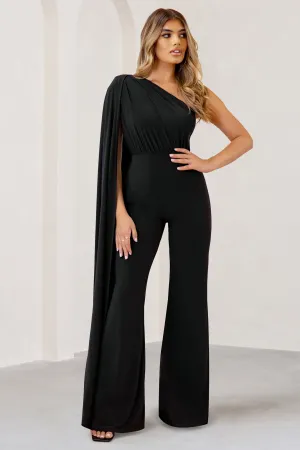Aurora | Black One Shoulder Cape Sleeve Jumpsuit Club L London