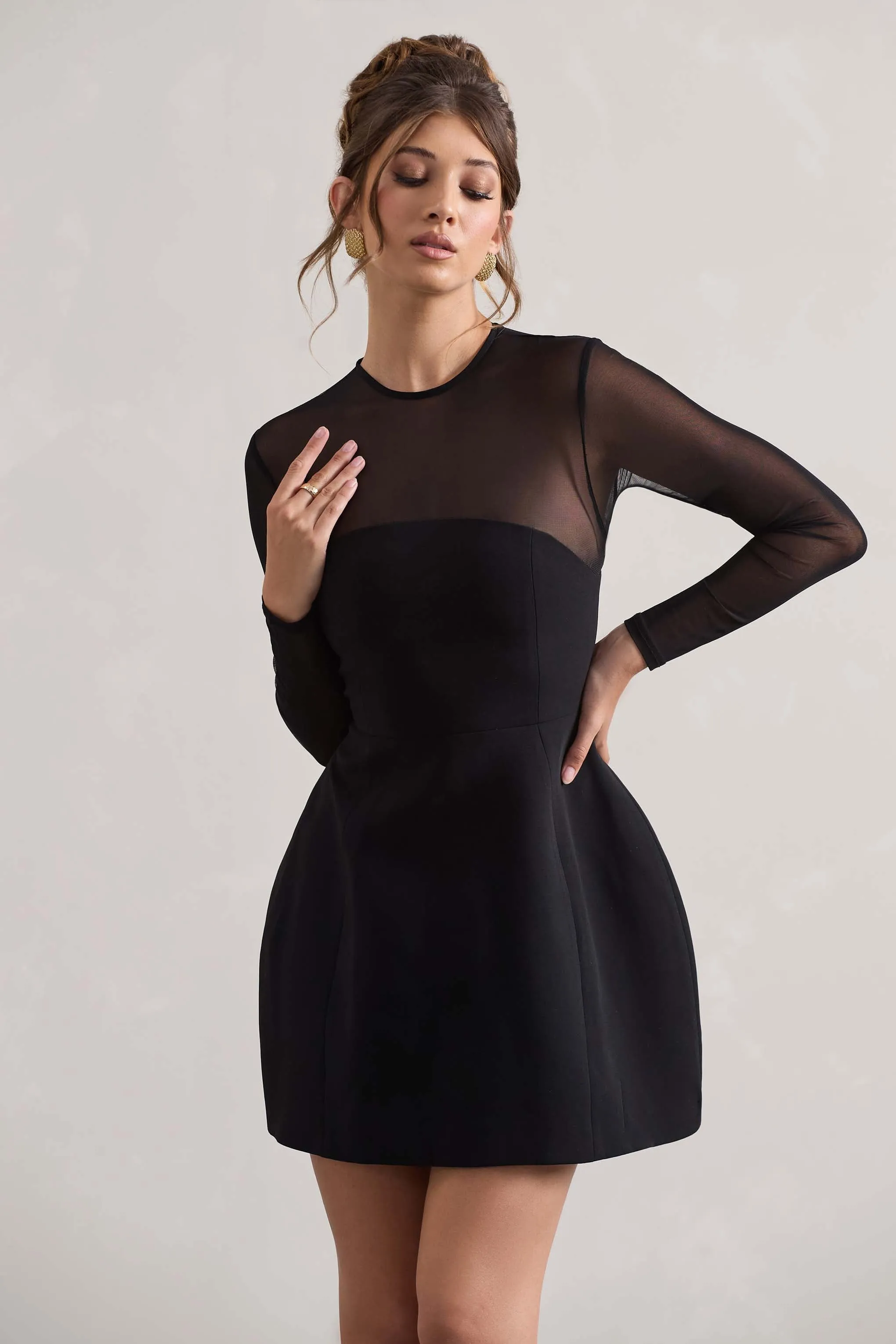 Austen | Black Mesh Long-Sleeve Mini Dress Club L London