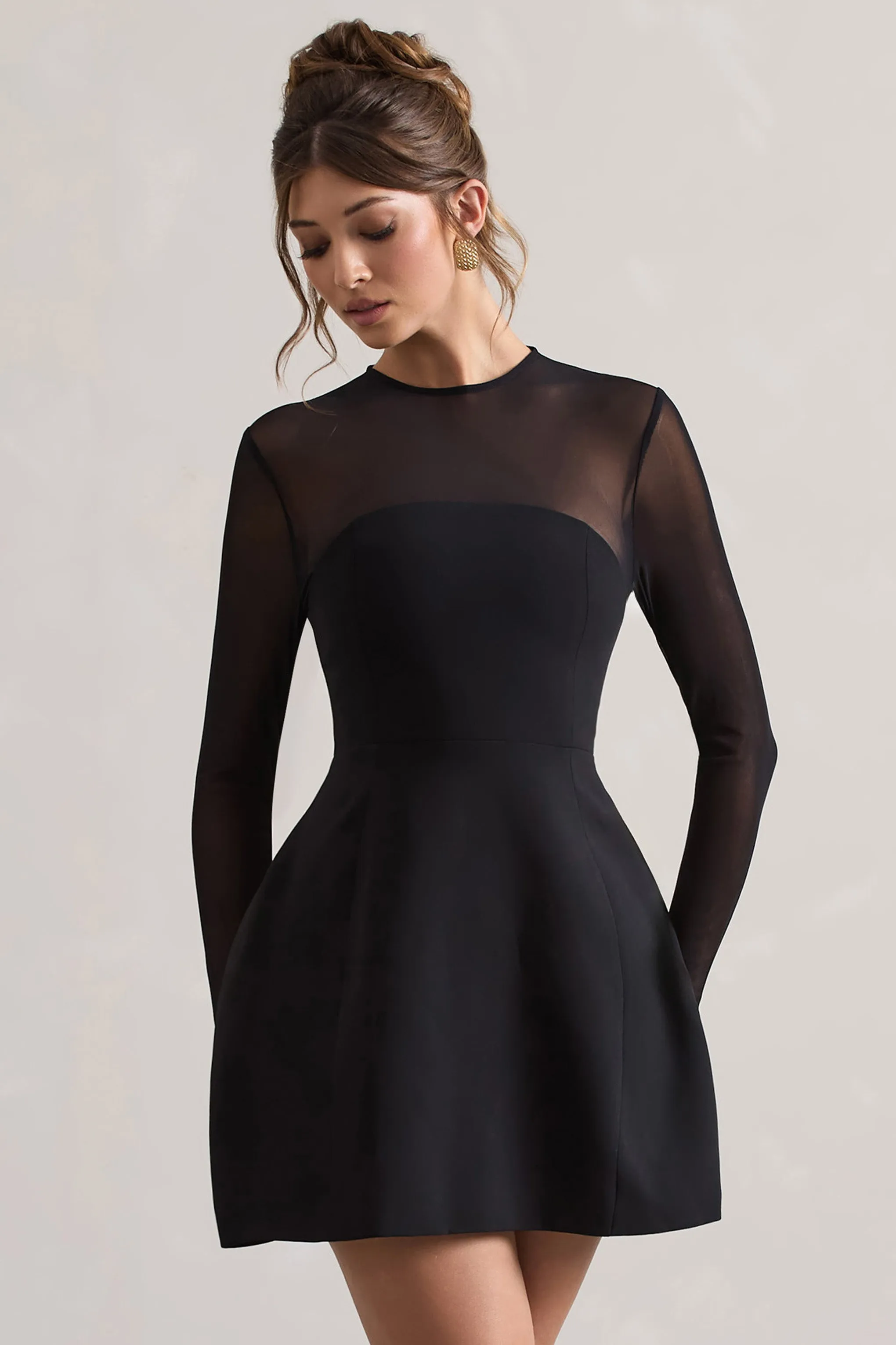 Austen | Black Mesh Long-Sleeve Mini Dress Club L London