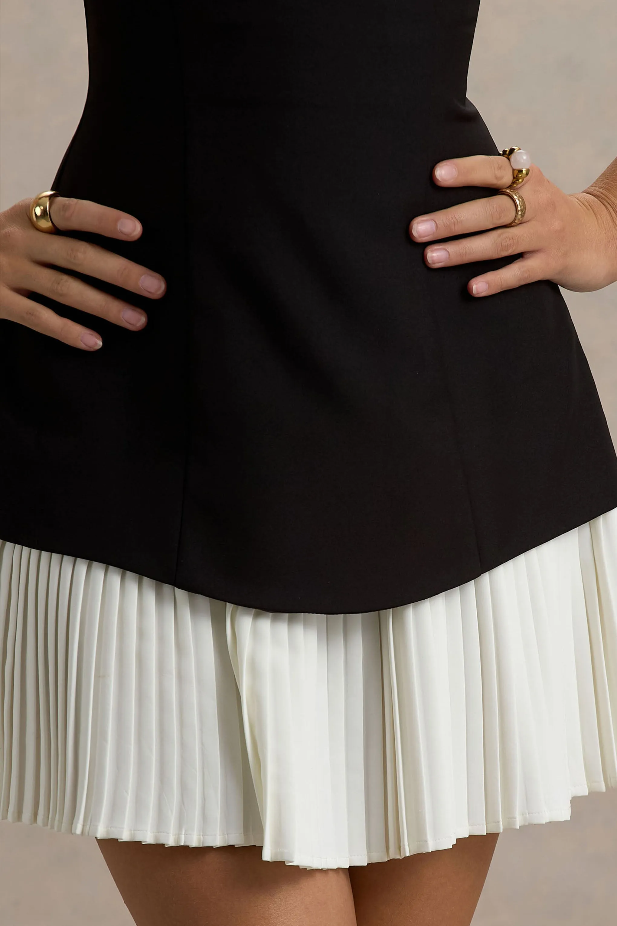 Autumn | Black & White Bandeau Mini Dress With Pleats Club L London