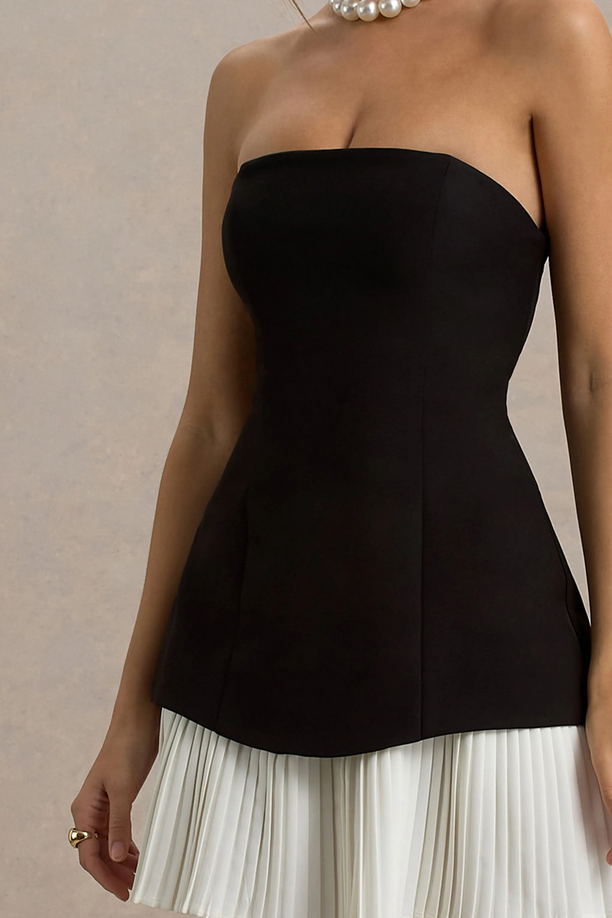 Autumn | Black & White Bandeau Mini Dress With Pleats Club L London
