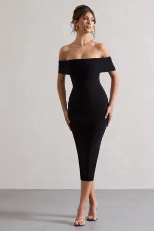 Averie | Black Bodycon Bardot Midi Dress Club L London